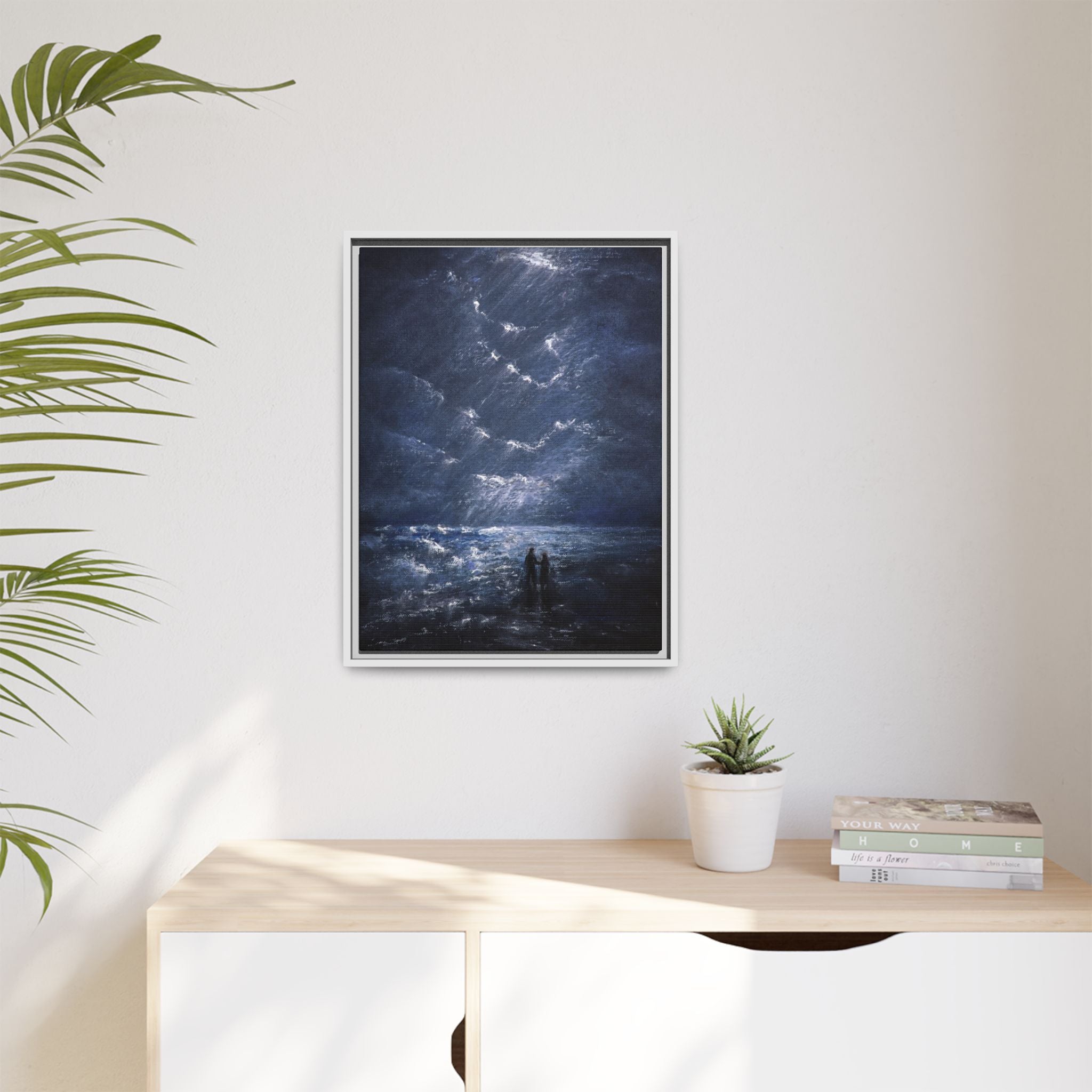 Couple on Shore at Night - Framed Canvas Art