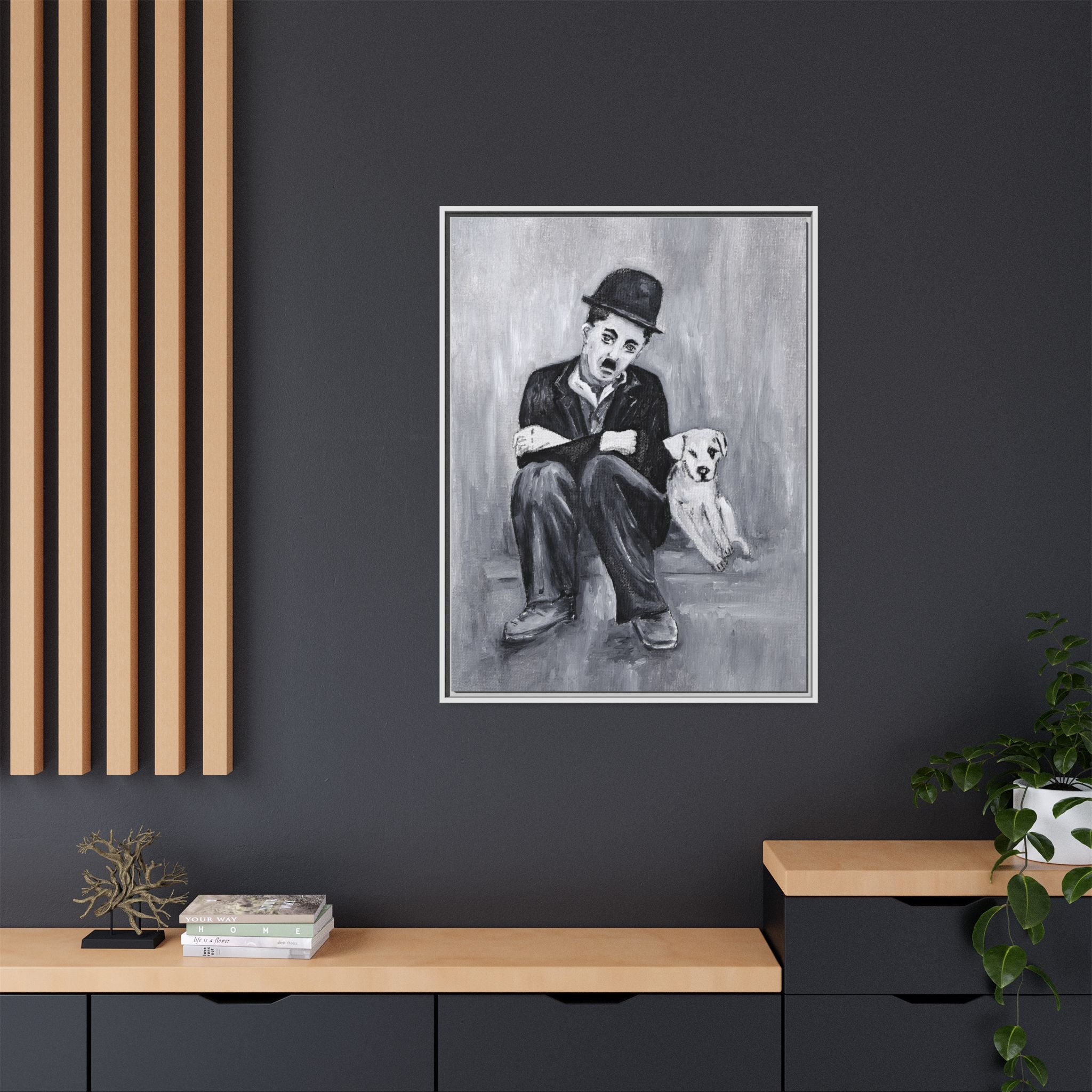 Charlie Chaplin & Dog Matte Framed Canvas Print — Vintage Black & White Wall Art