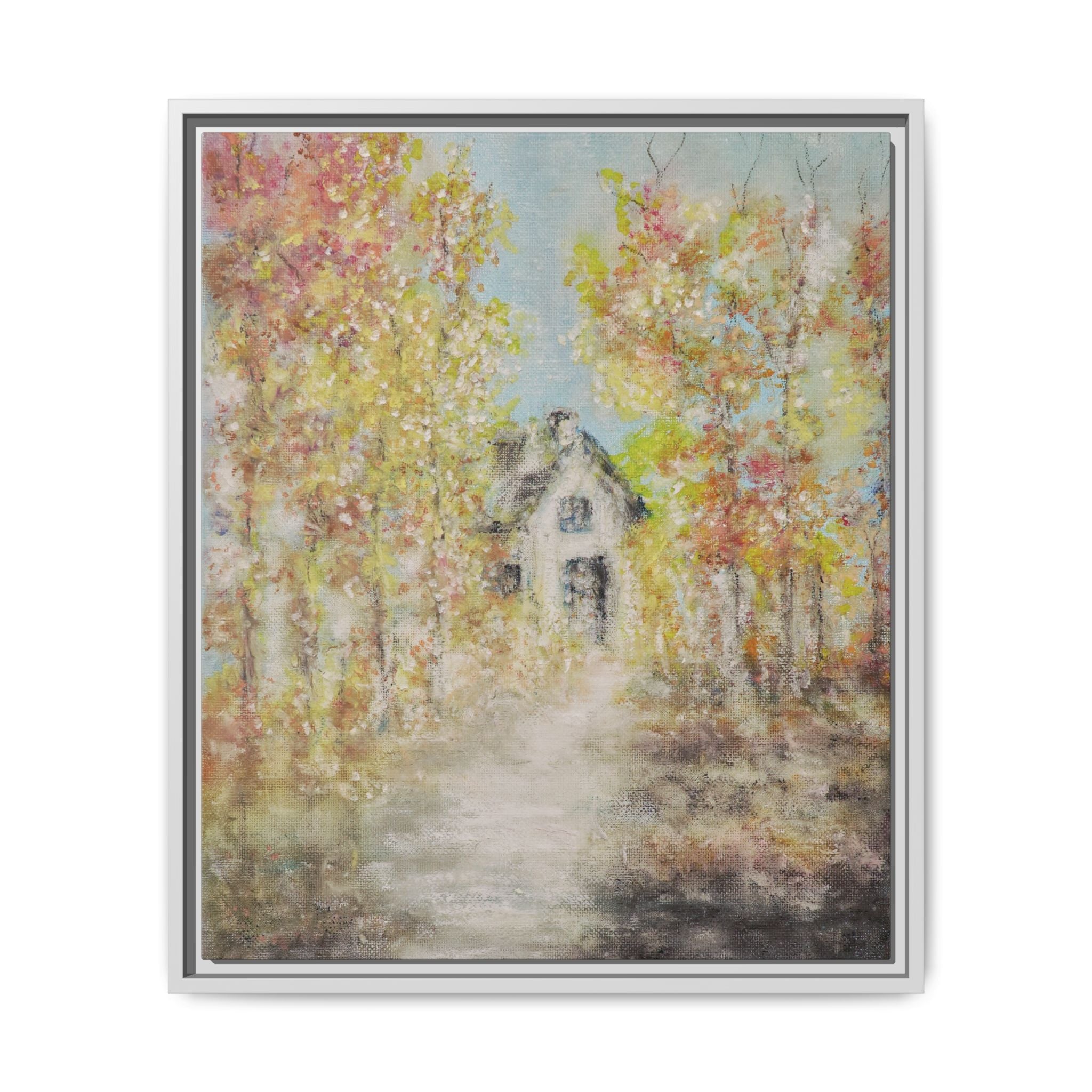 Framed Autumn Cottage Canvas Print — Rustic Fall Landscape Wall Art