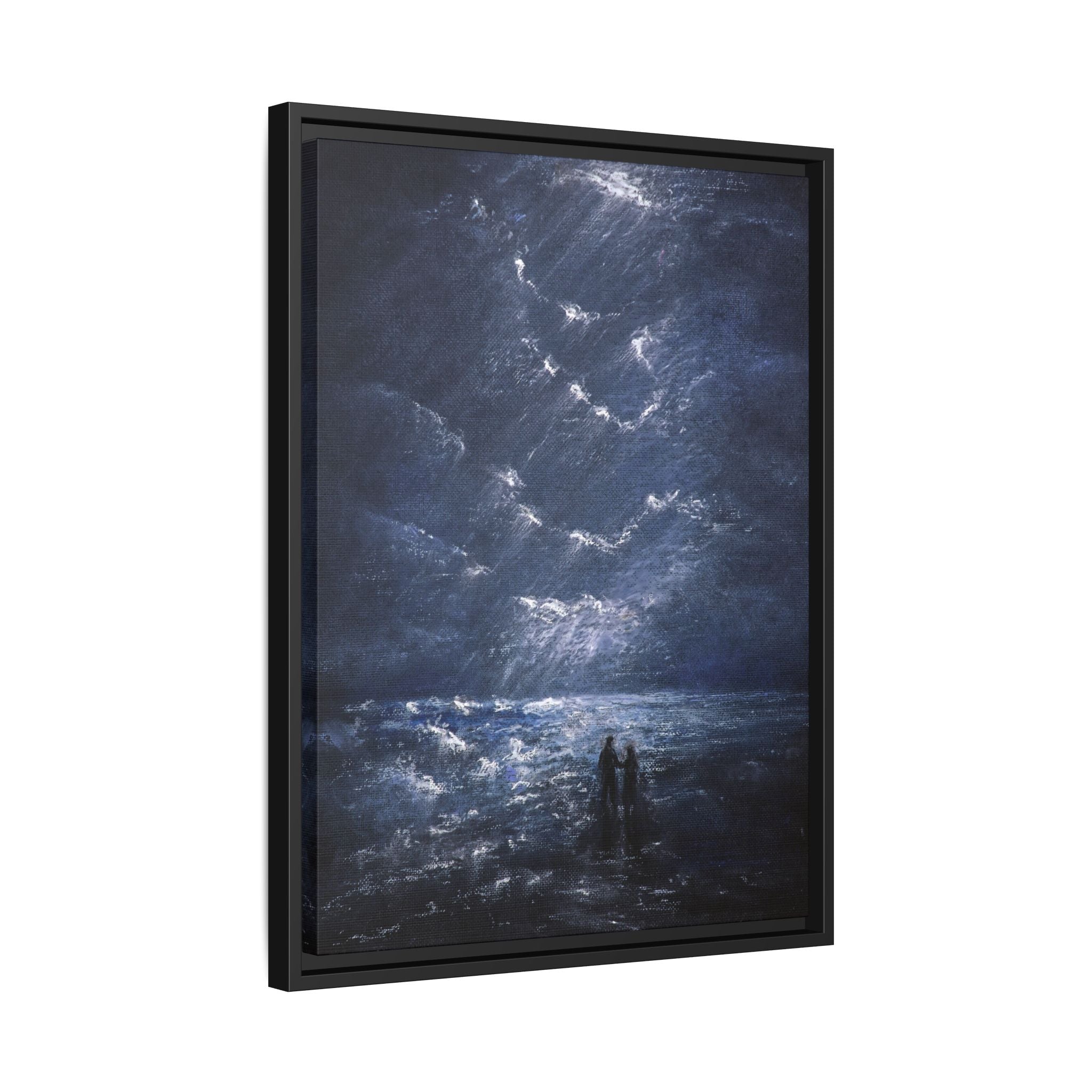 Couple on Shore at Night - Framed Canvas Art