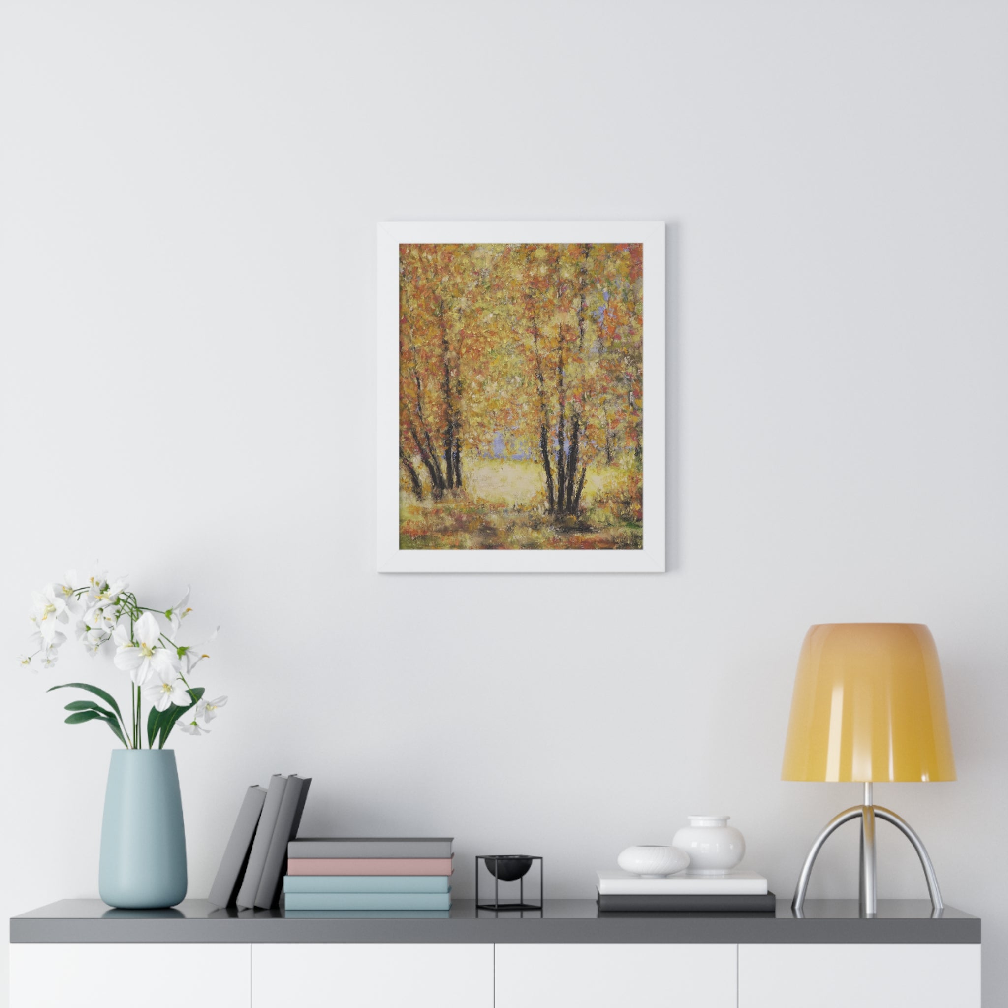 Autumn Grove Framed Poster — Vertical Fall Landscape Wall Art