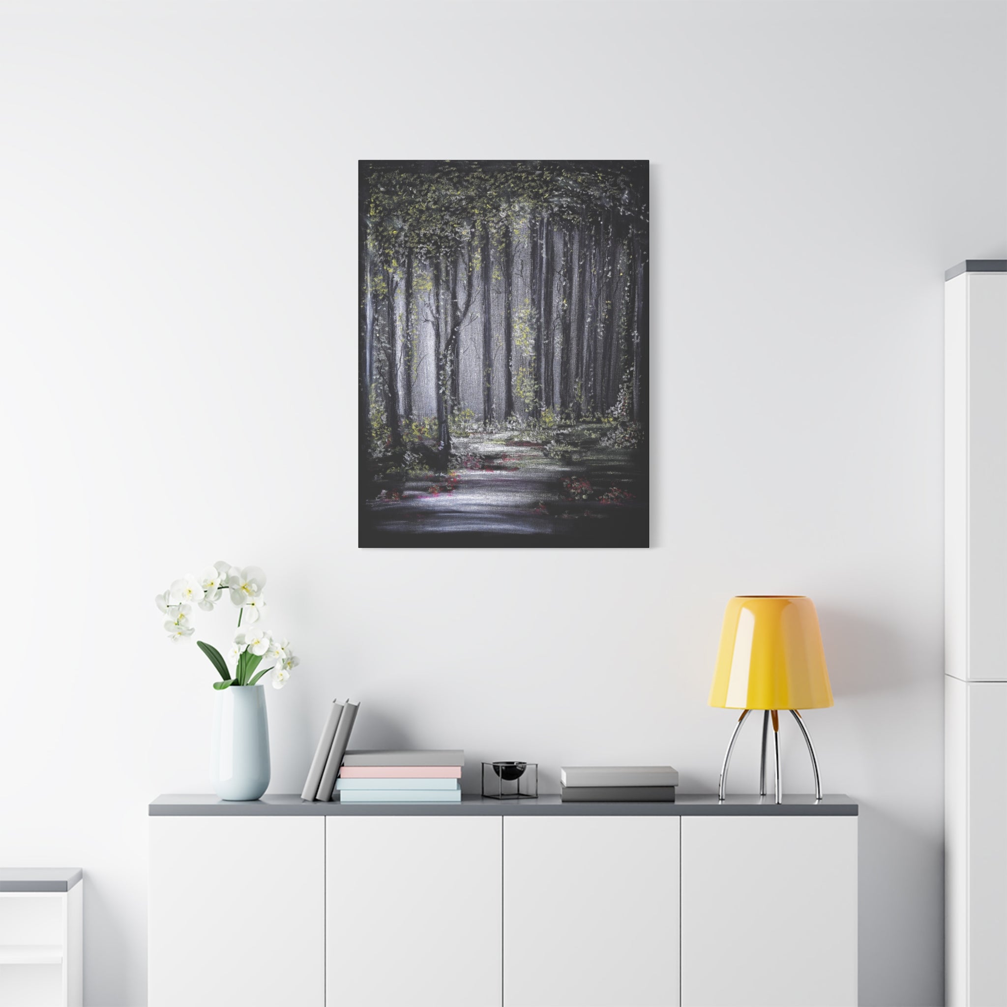 Forest Path Matte Canvas Wall Art — Moody Woodland Landscape, Stretched 1.25"
