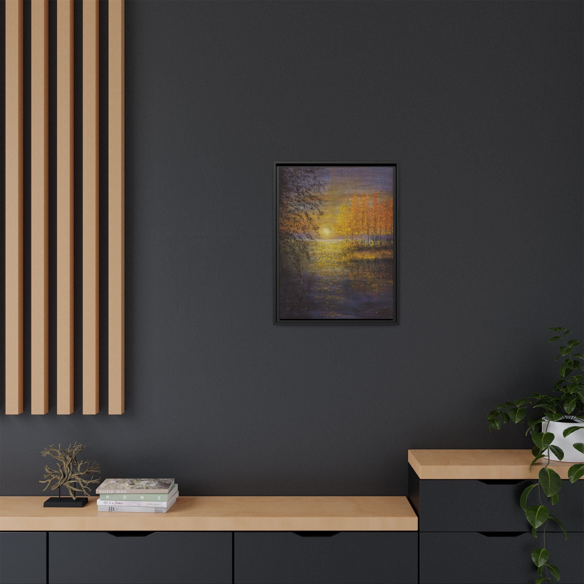 Framed Matte Canvas Painting - Golden Trees Over Tranquil Lake