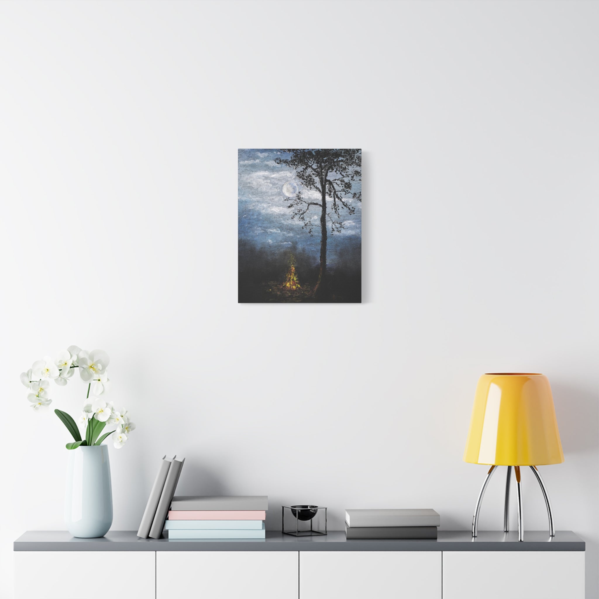Moonlit Campfire Matte Canvas Wall Art — Night Forest Landscape