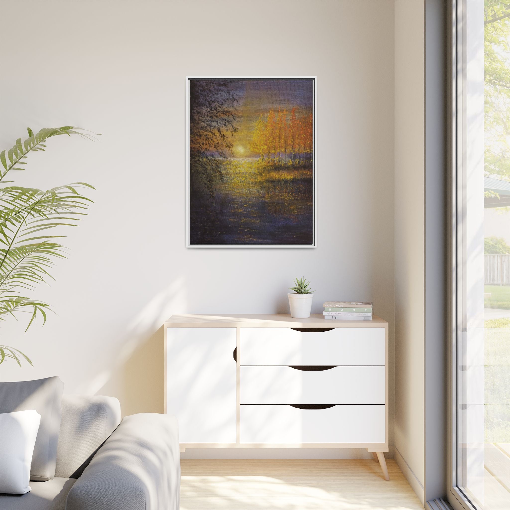 Framed Matte Canvas Painting - Golden Trees Over Tranquil Lake