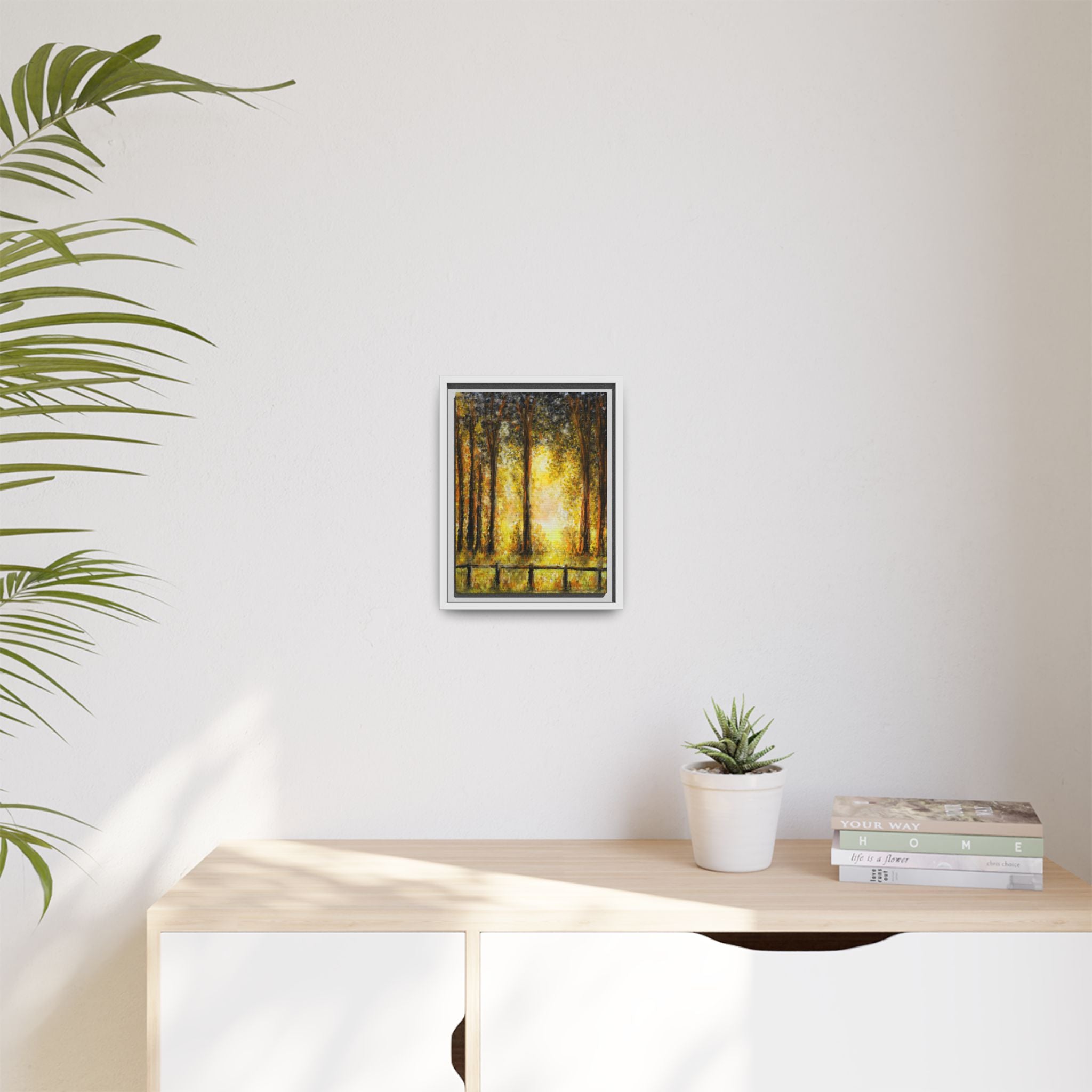 Framed Matte Canvas Art – Golden Forest Sunrise Landscape