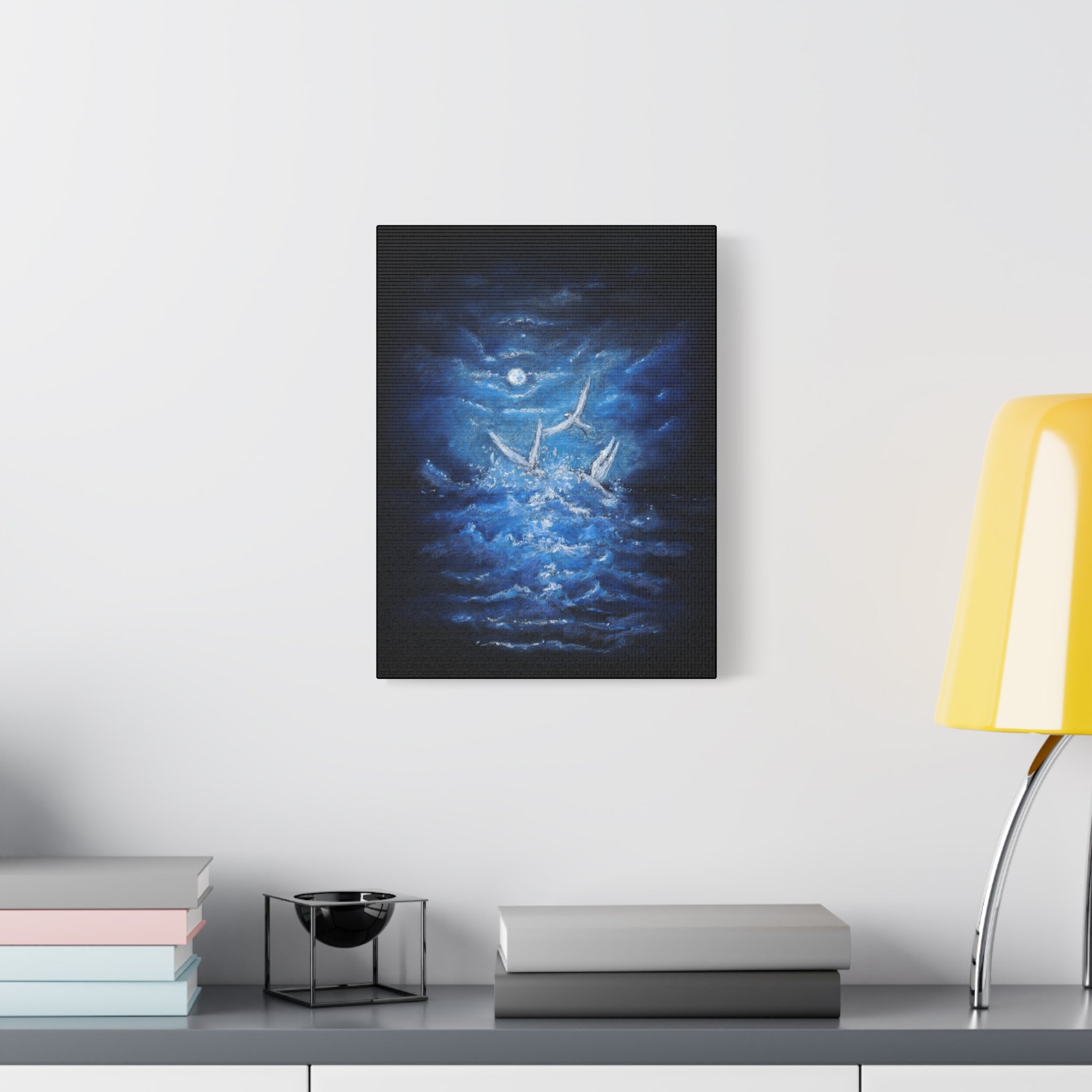 Moonlit White Birds Matte Stretched Canvas – Serene Ocean Wall Art