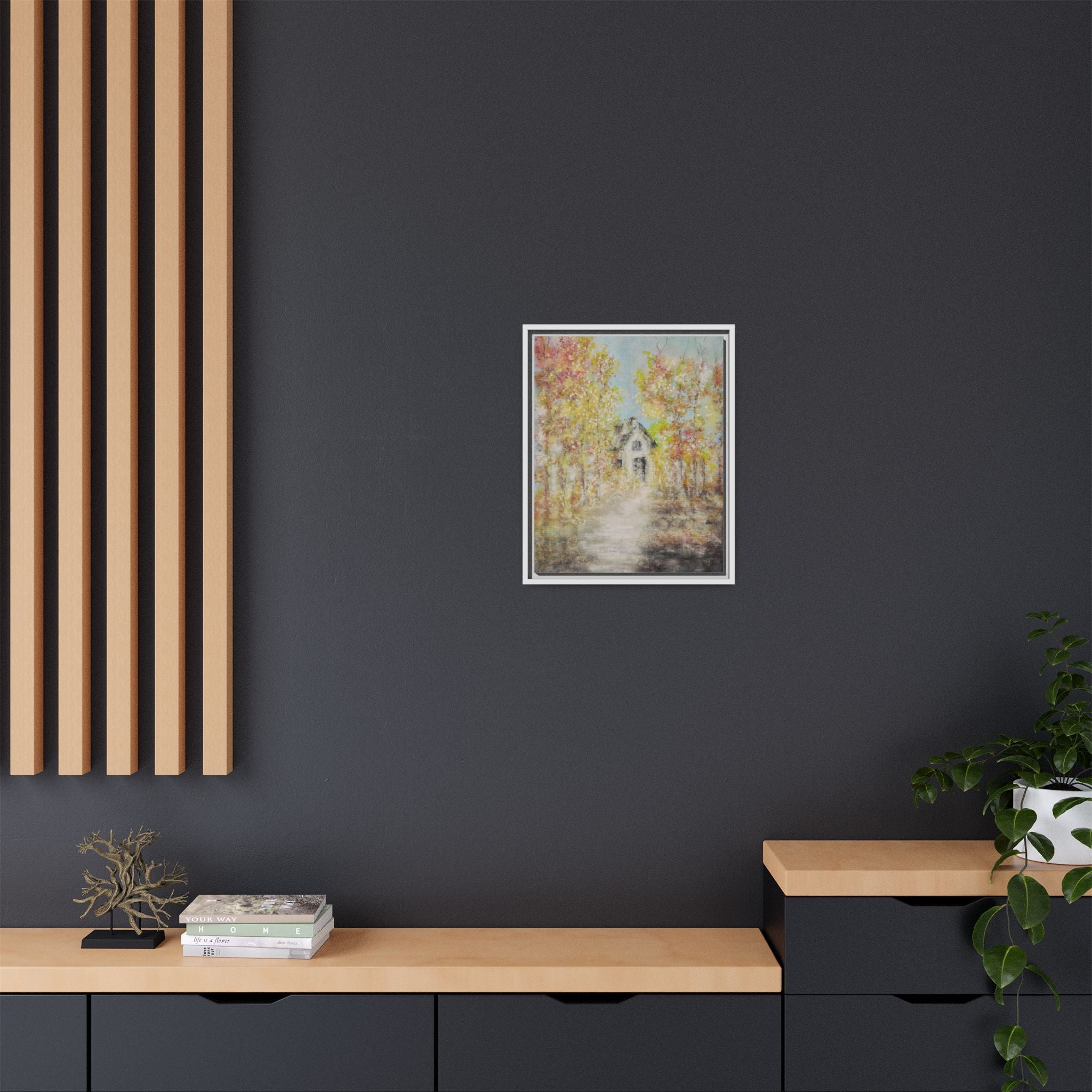 Framed Autumn Cottage Canvas Print — Rustic Fall Landscape Wall Art