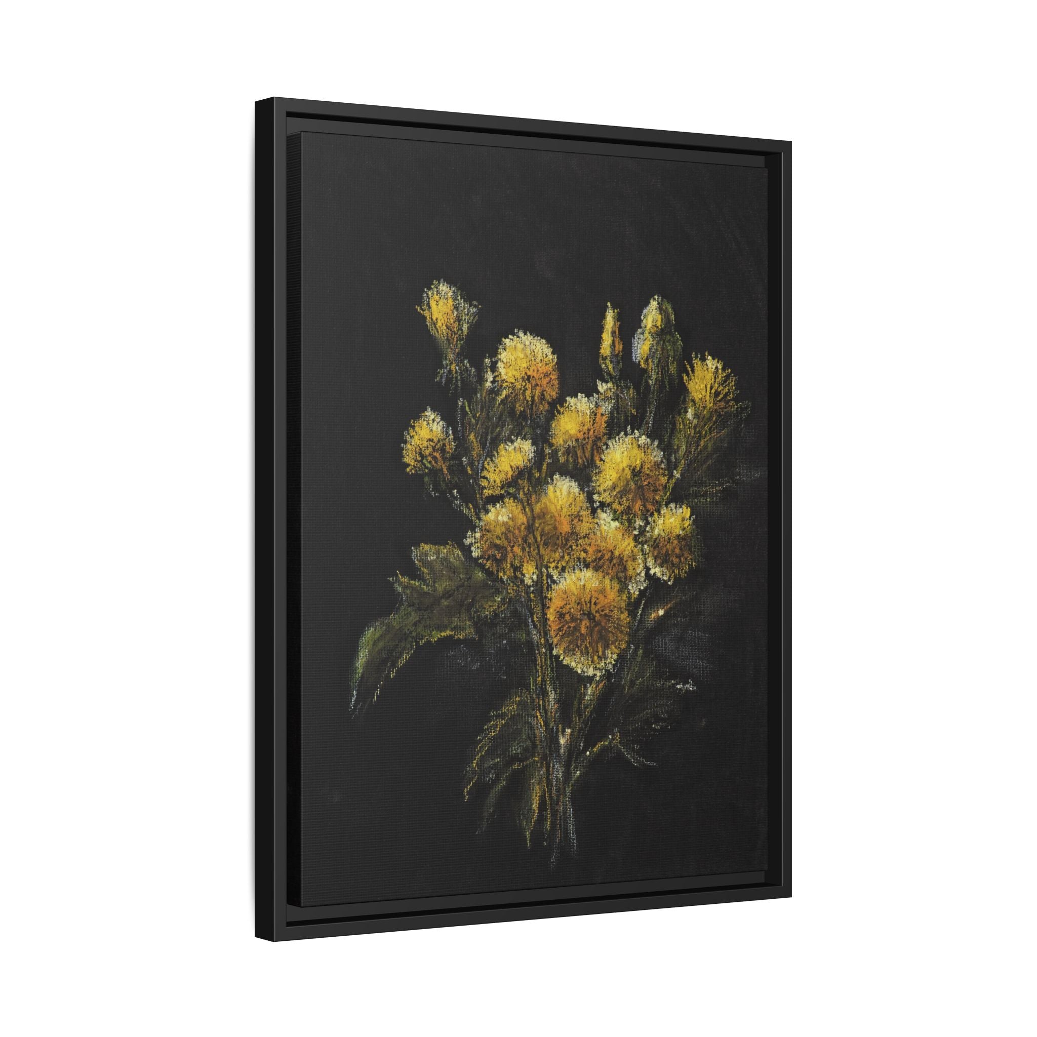 Framed Matte Canvas Print — Yellow Wildflower Bouquet on Black (Botanical Wall Art)