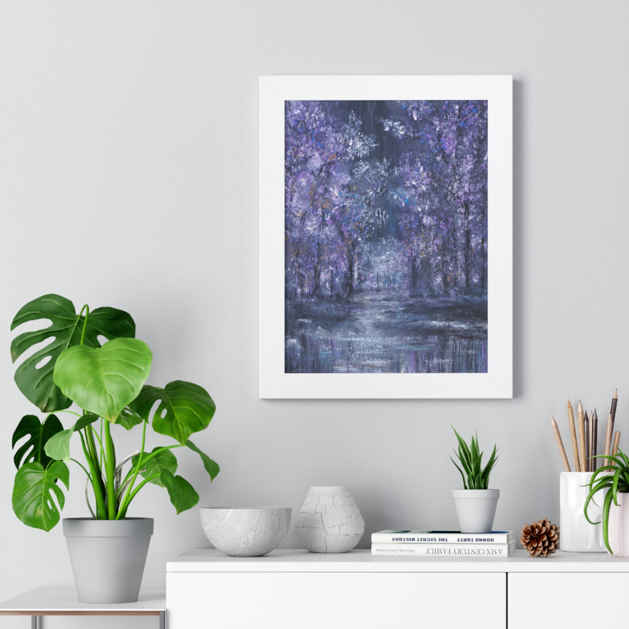 Purple Forest Path Framed Vertical Poster — Dreamy Floral Landscape Wall Art