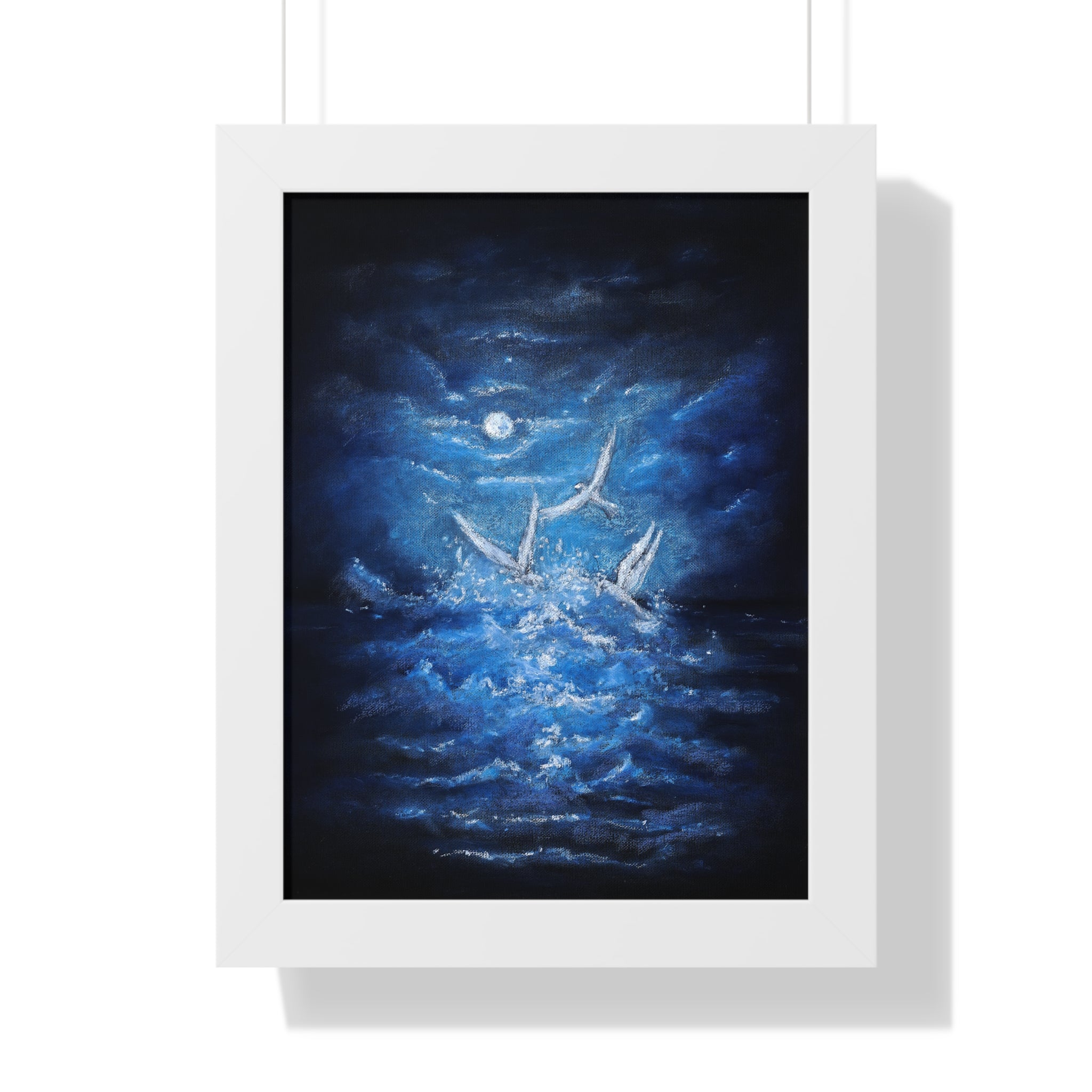 Framed Poster — Moonlit Sea with Flying Birds (Vertical)