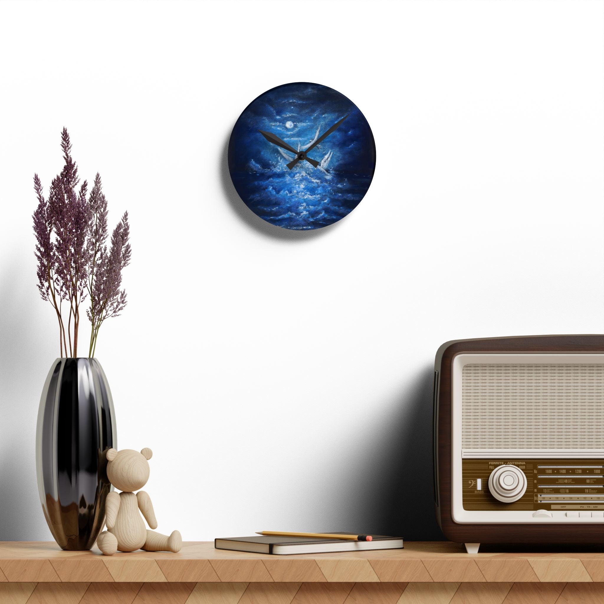 Acrylic Wall Clock — Midnight Ocean White Birds Night Sky Art