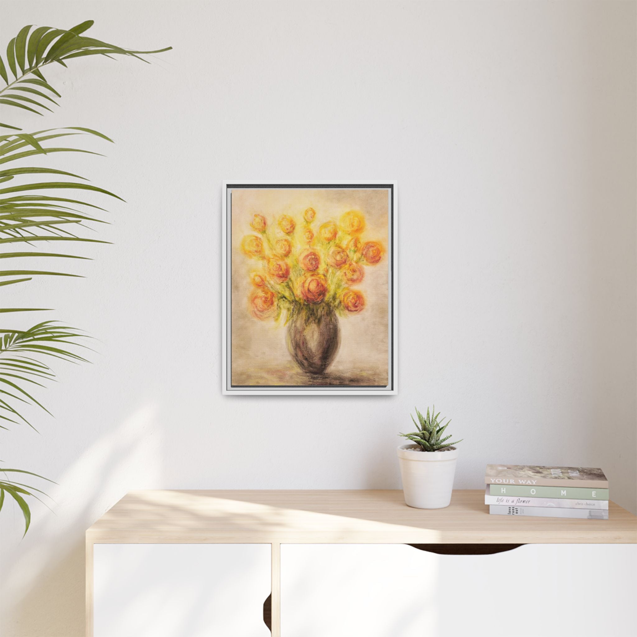 Framed Matte Canvas Floral Bouquet Wall Art — Yellow Rose Vase Print