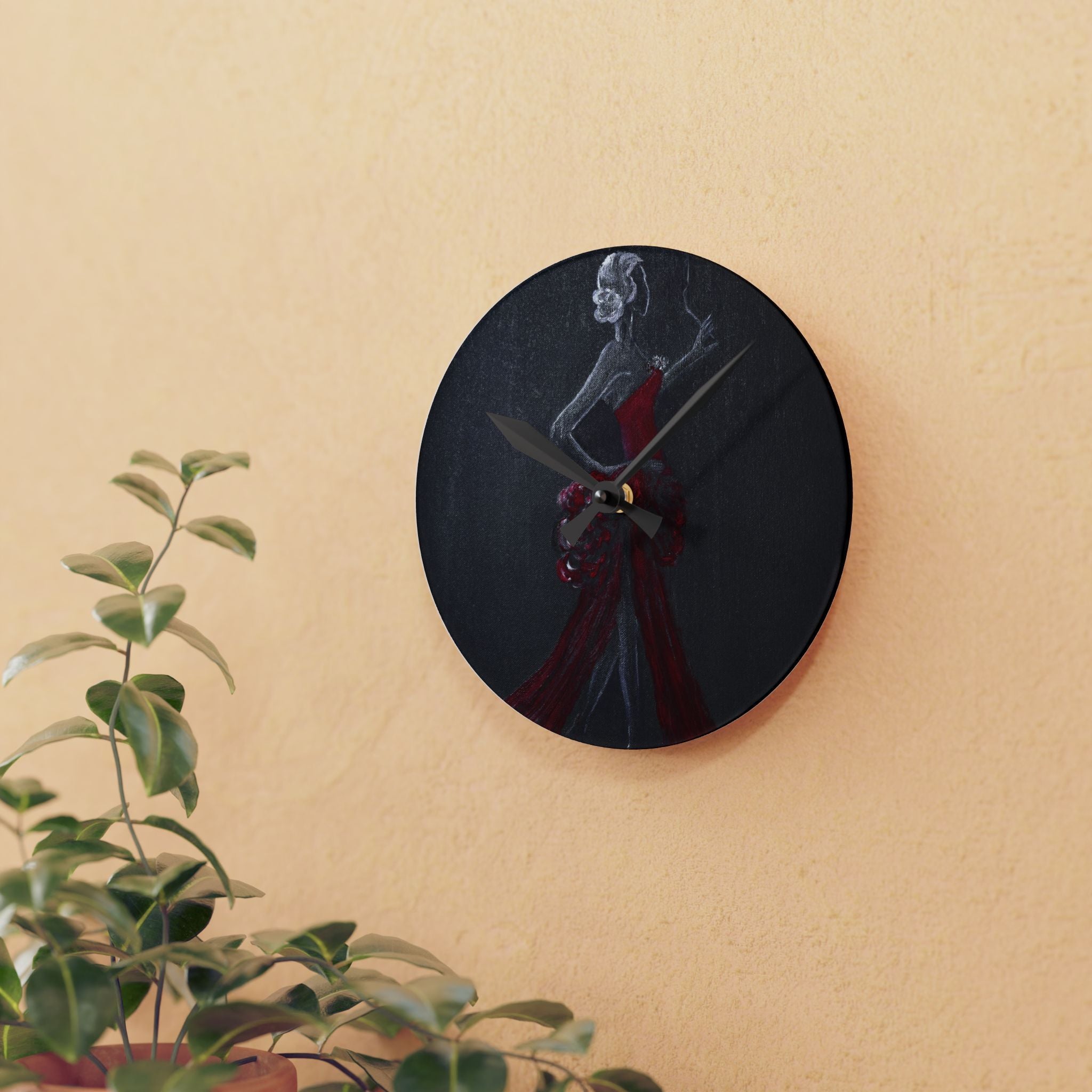 Acrylic Wall Clock — Elegant Woman in Red Dress Art