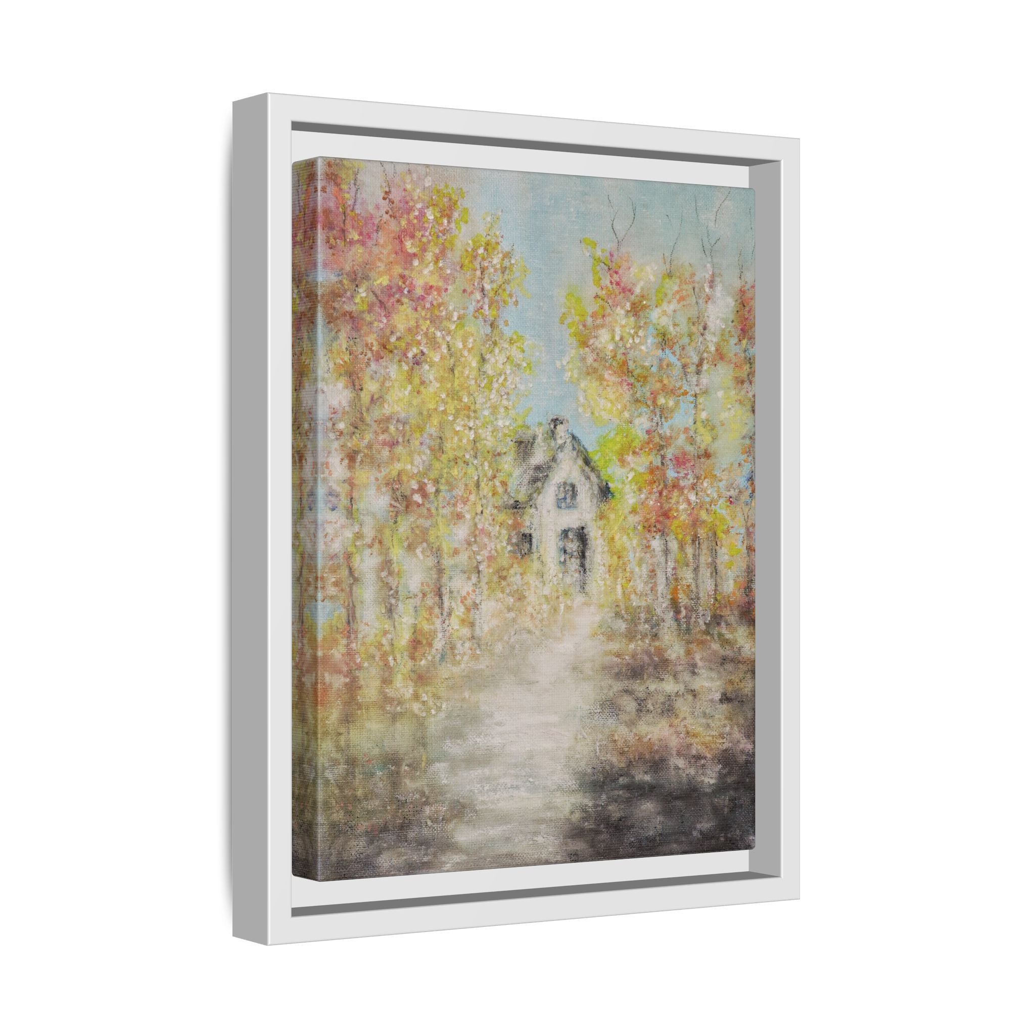 Framed Autumn Cottage Canvas Print — Rustic Fall Landscape Wall Art
