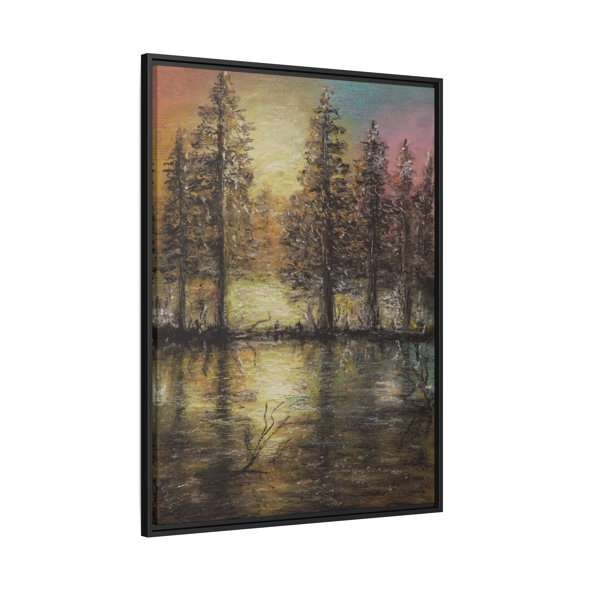 Framed Matte Canvas Wall Art — Sunset Forest Reflection