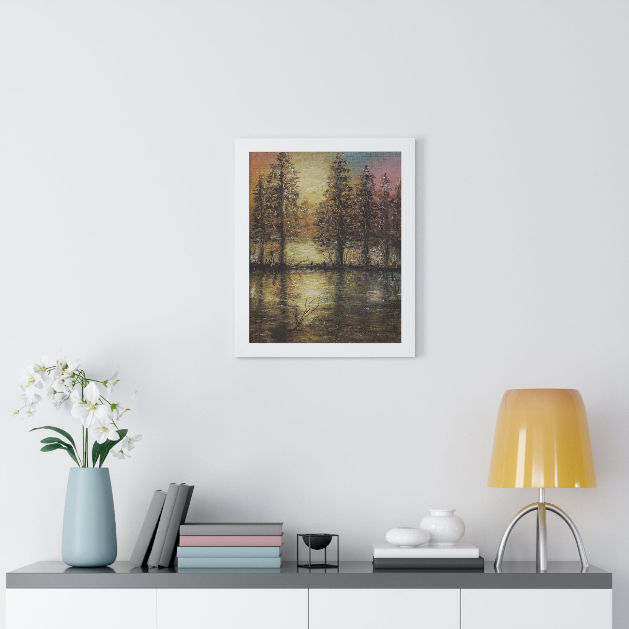 Framed Poster - Tranquil Forest Lake Sunset Art Print