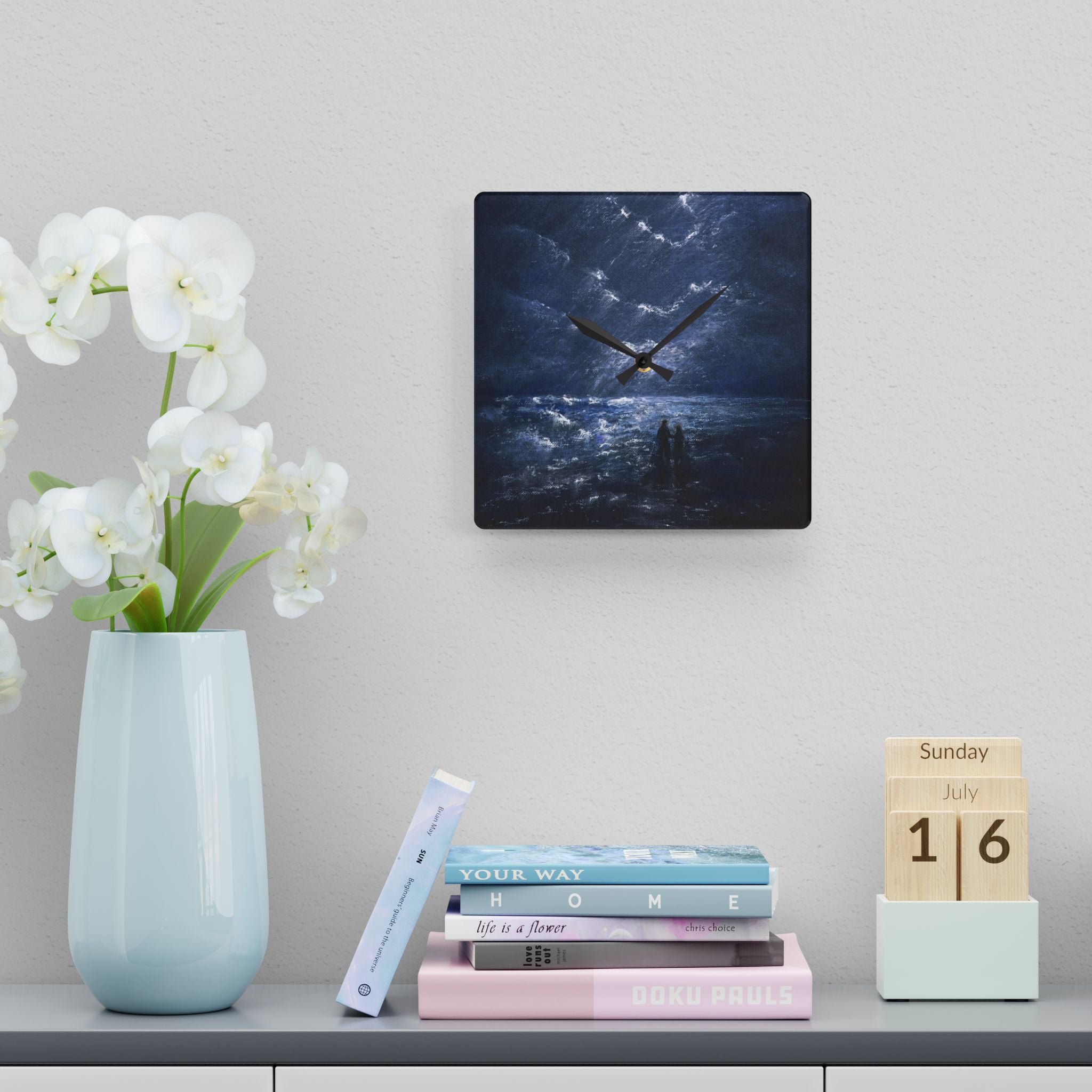 Acrylic Wall Clock — Moody Coastal Nightscape Clock (Couple on Shore)