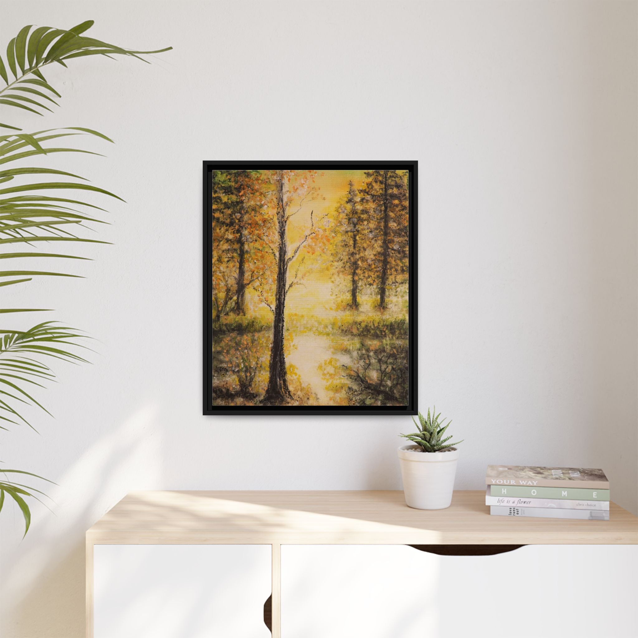 Framed Autumn Forest Canvas Print — Golden Lakeside Wall Art