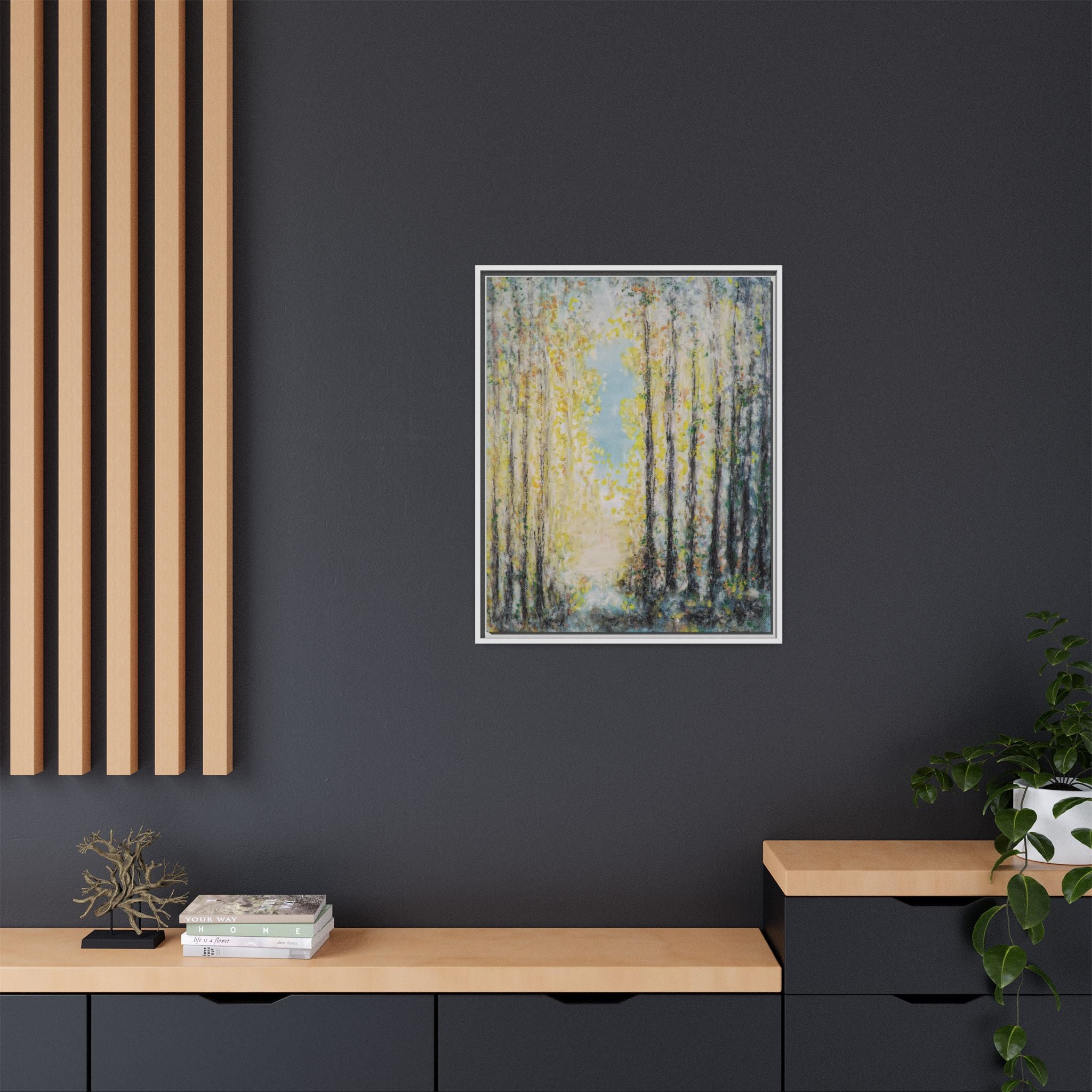 Framed Matte Canvas Print — Sunlit Forest Path Wall Art