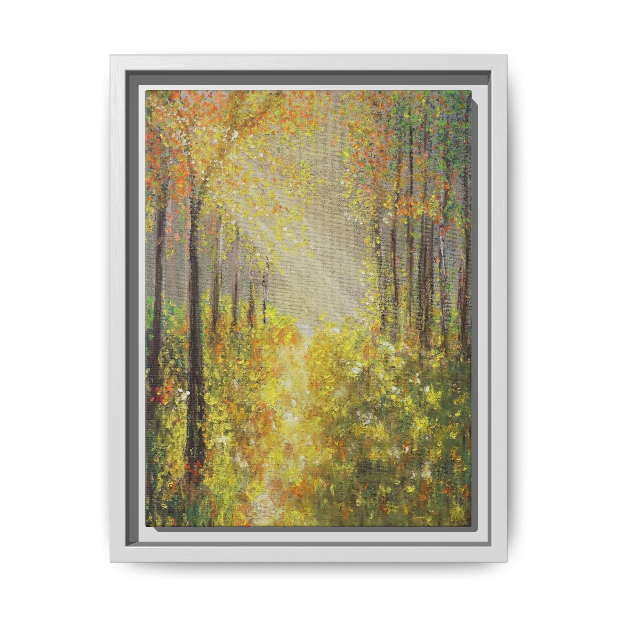 Sunlit Forest Path Framed Canvas Art — Autumn Woodland Wall Decor