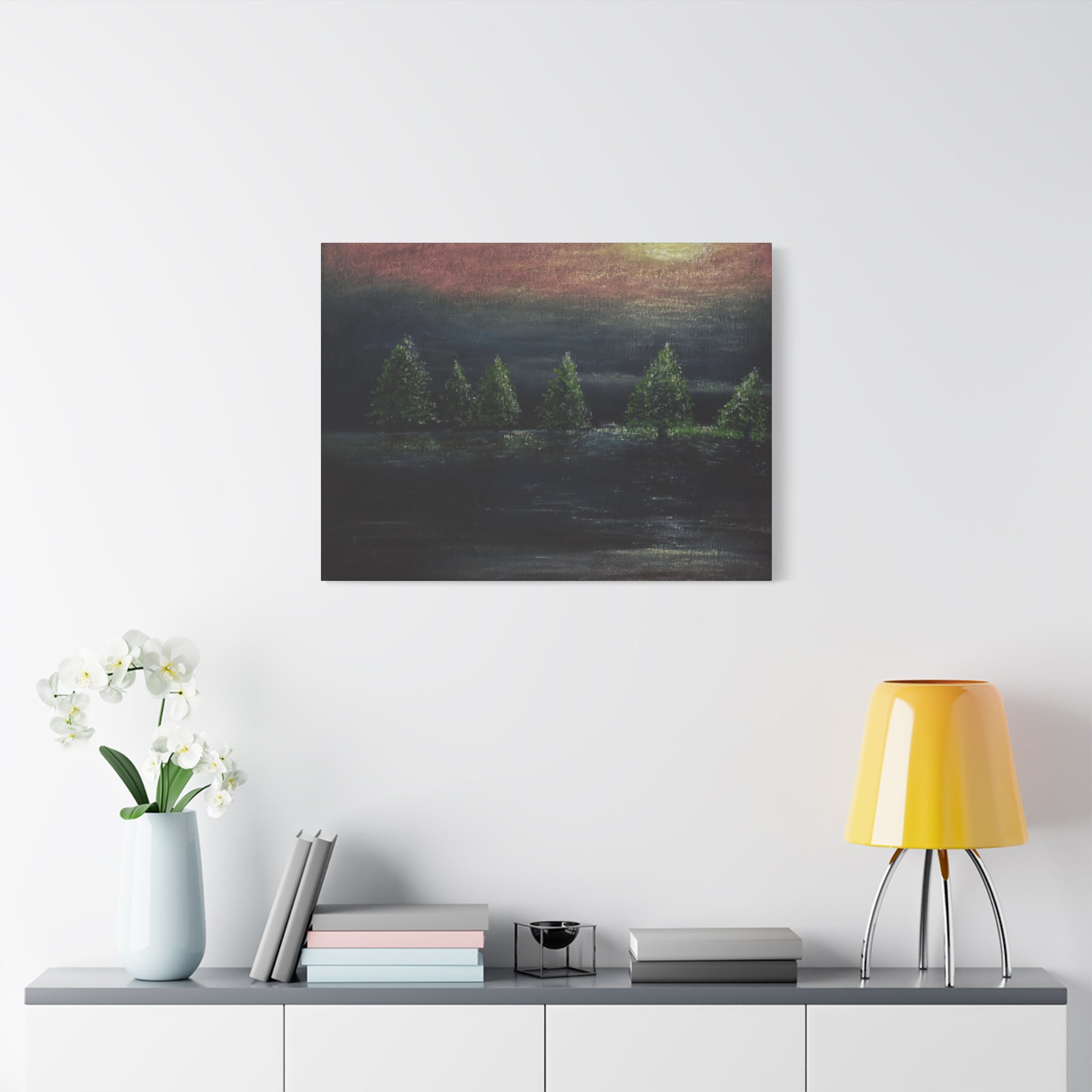 Moonlit Pine Trees Matte Canvas Wall Art — Stretched Nature Landscape Painting