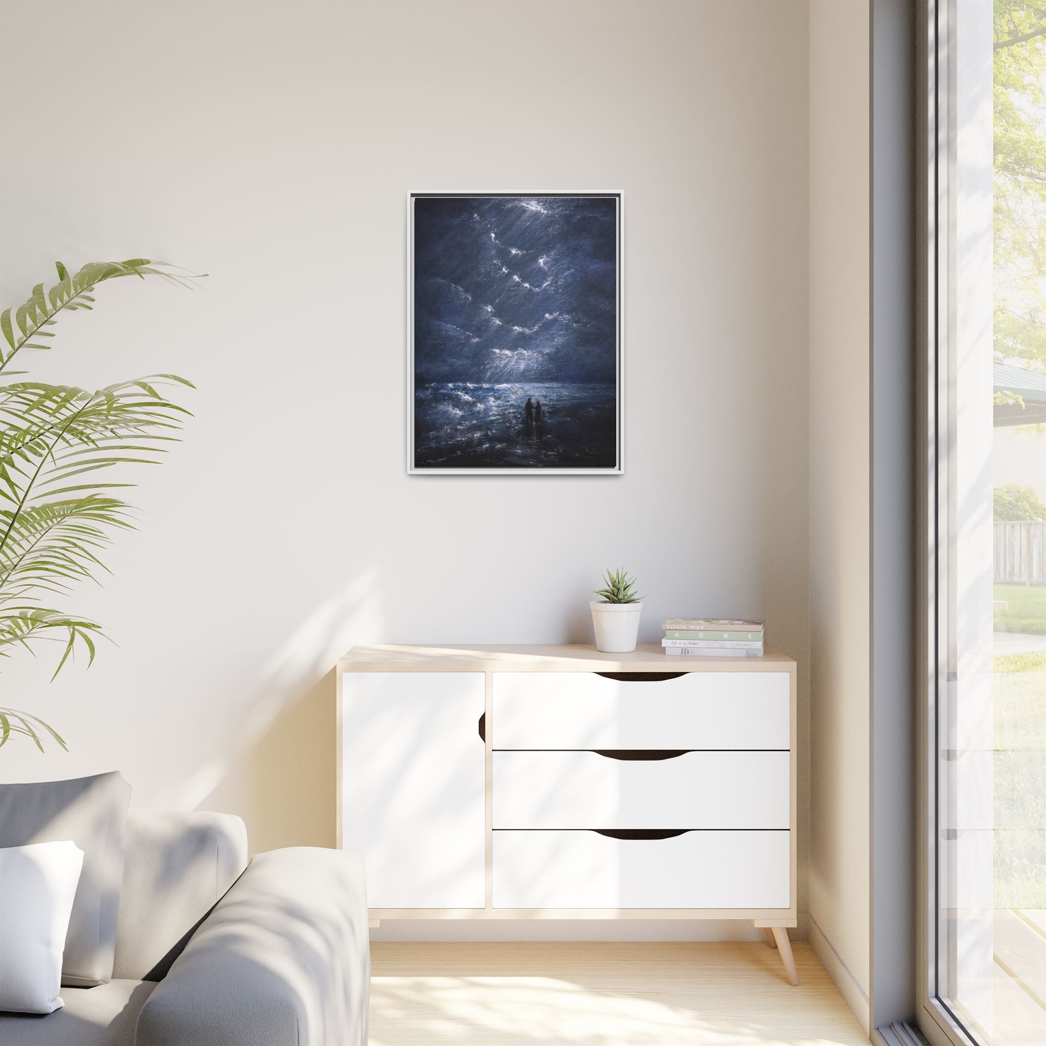 Couple on Shore at Night - Framed Canvas Art