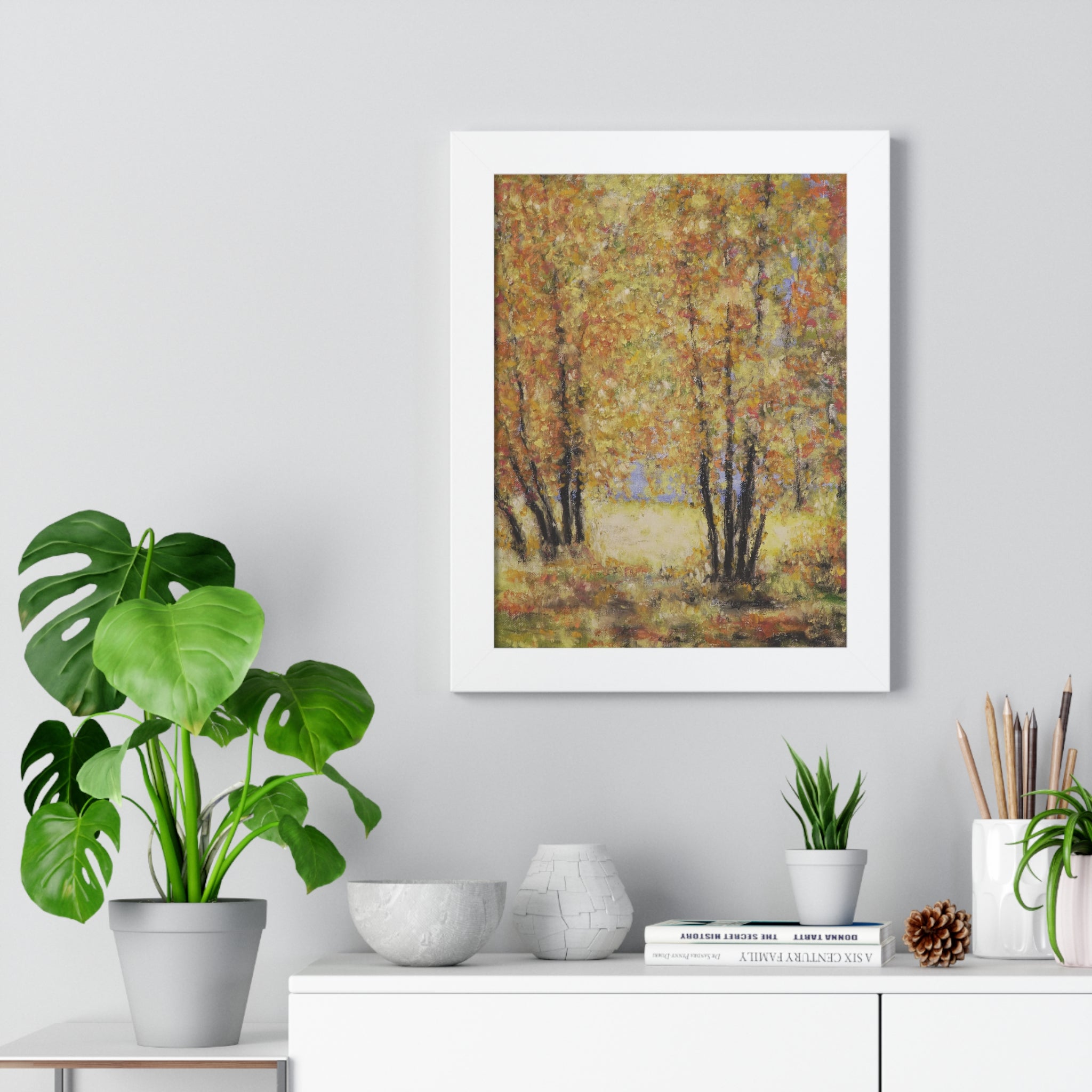 Autumn Grove Framed Poster — Vertical Fall Landscape Wall Art