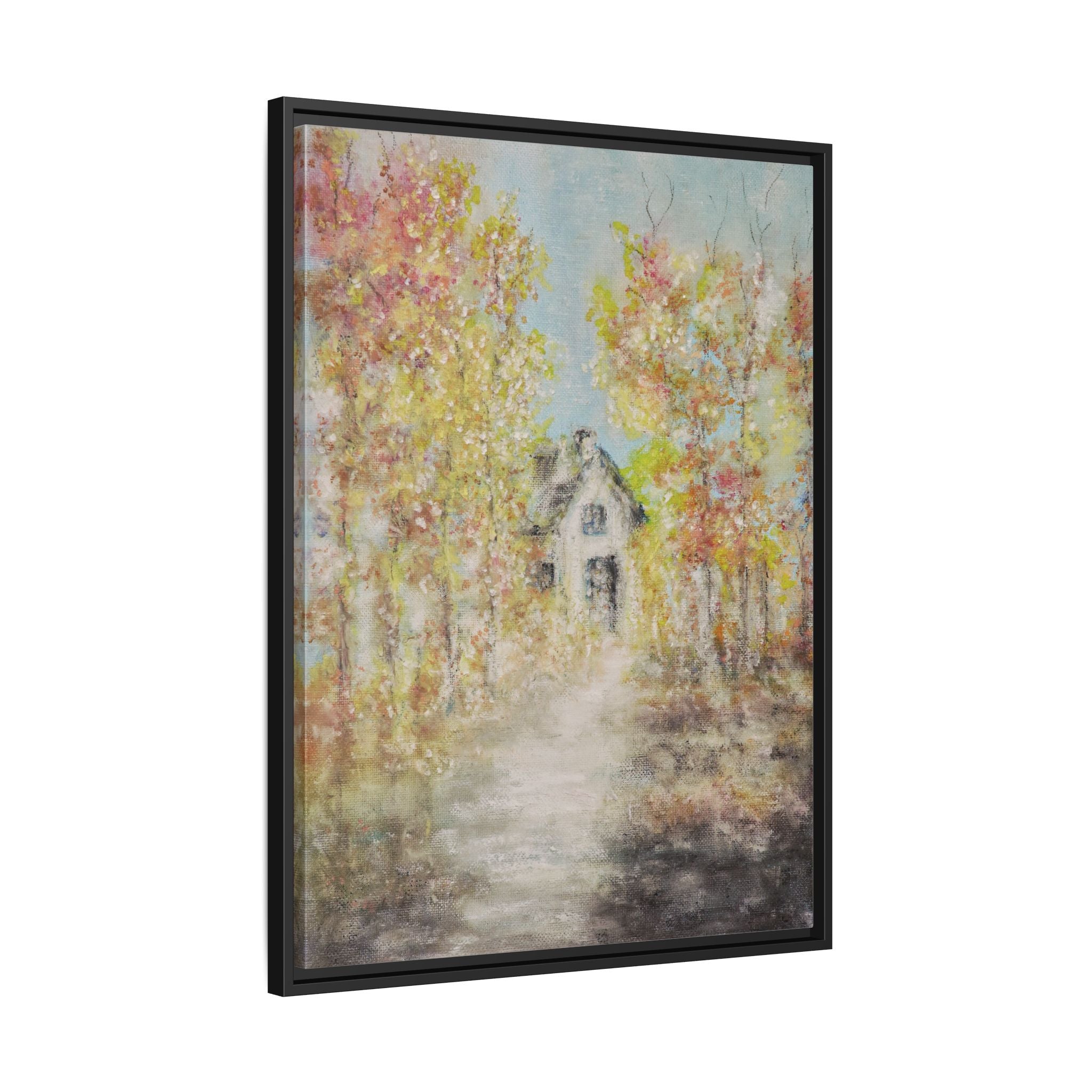 Framed Autumn Cottage Canvas Print — Rustic Fall Landscape Wall Art