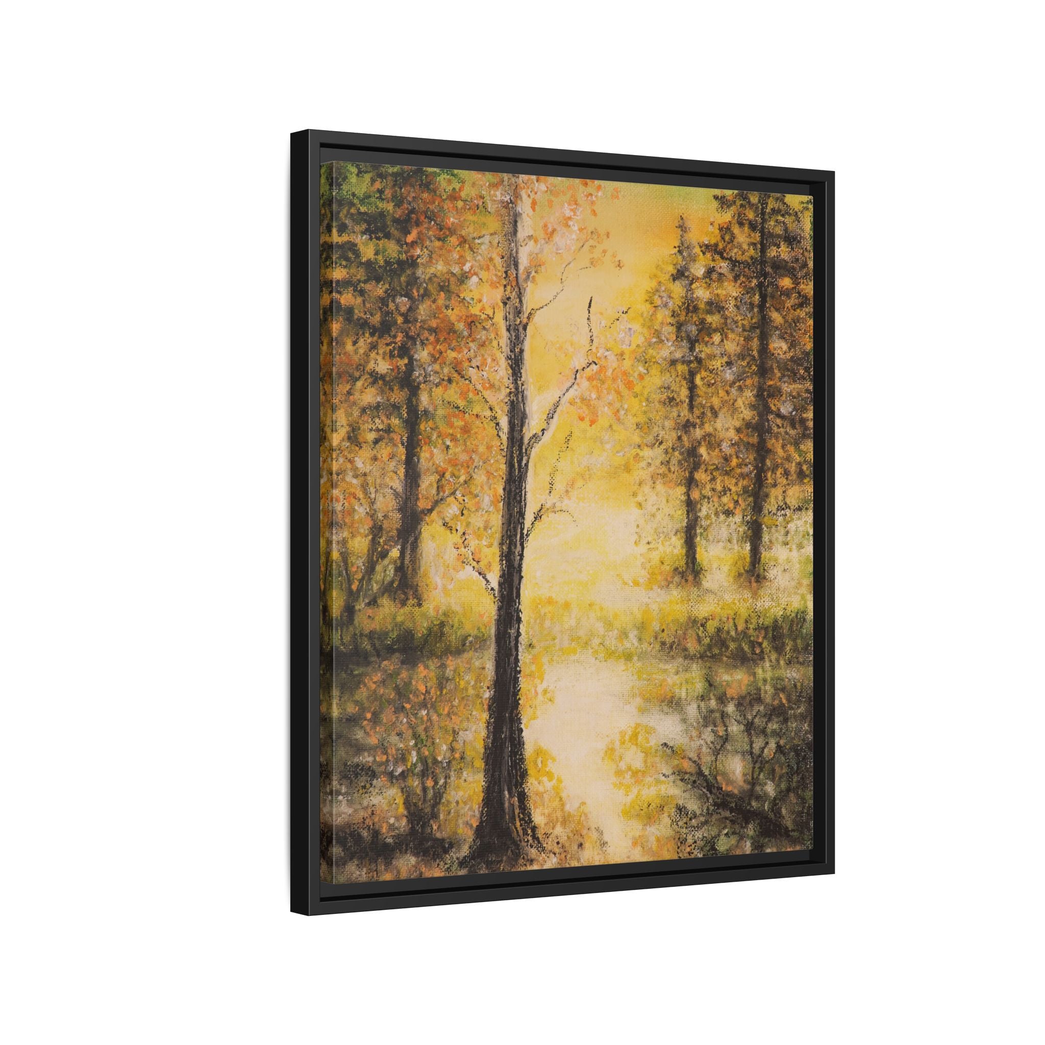 Framed Autumn Forest Canvas Print — Golden Lakeside Wall Art