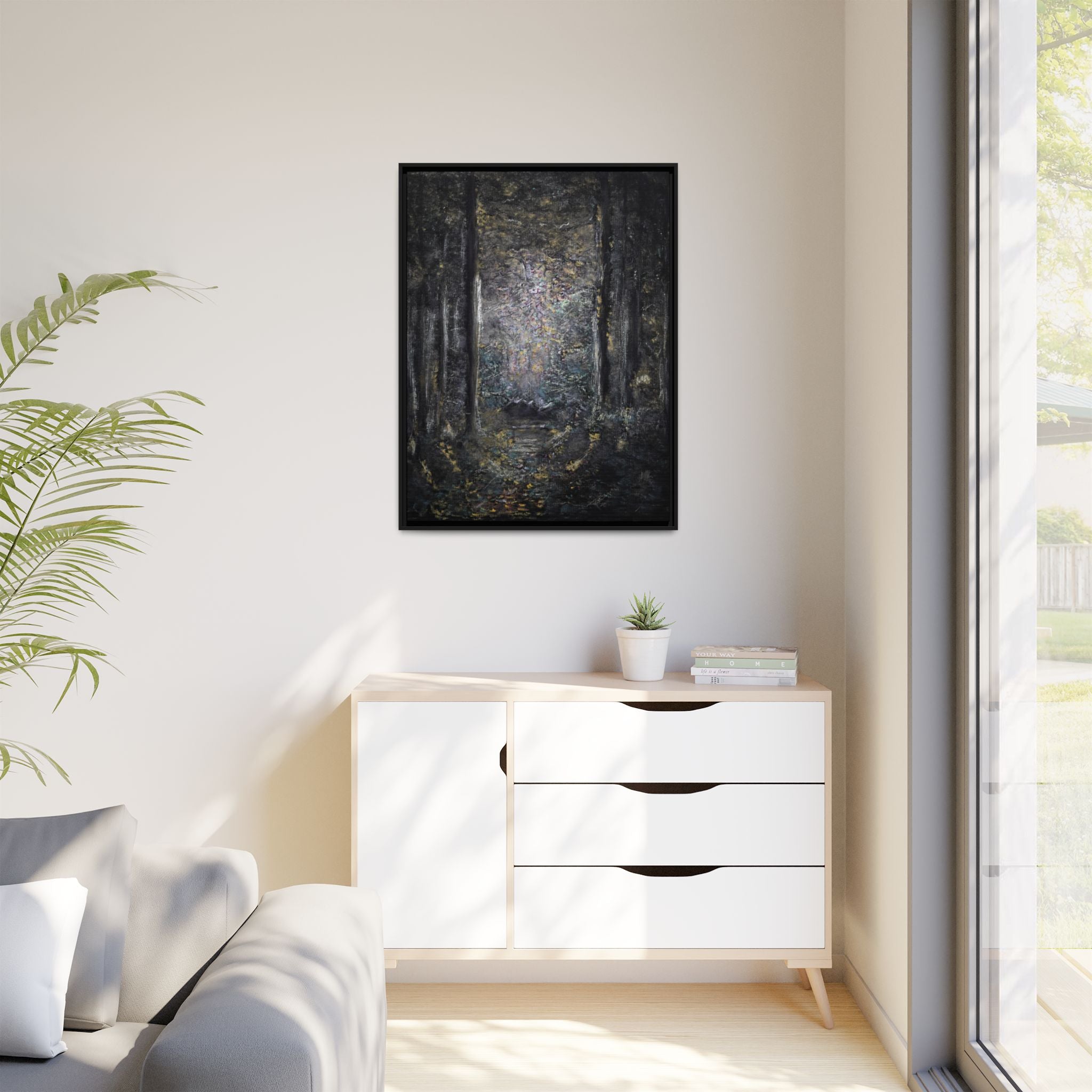 Framed Matte Canvas Forest Painting — Moody Woodland Wall Art