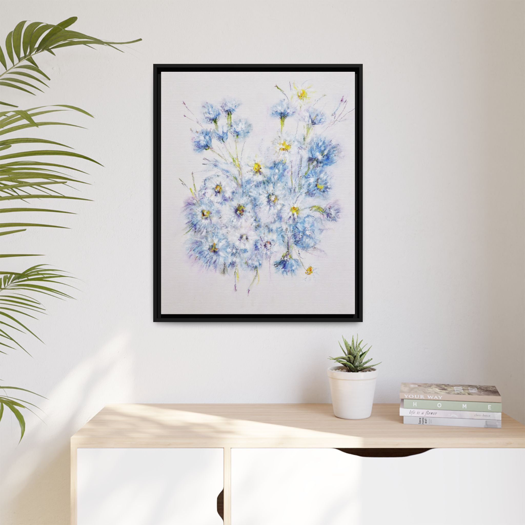 Blue Wildflower Watercolor Canvas Print — Framed Matte Wall Art