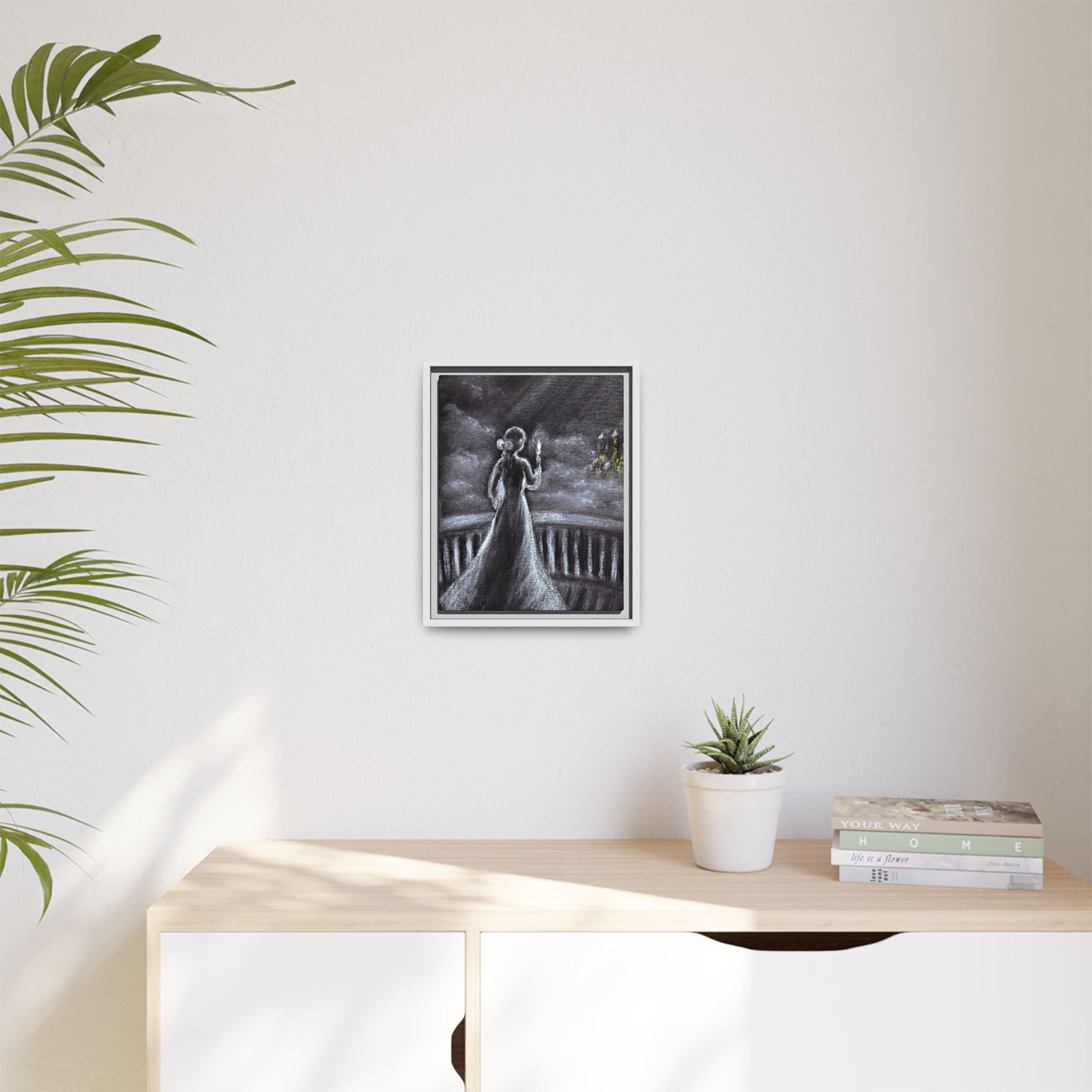 Framed Matte Canvas — Moonlit Lady on Balcony