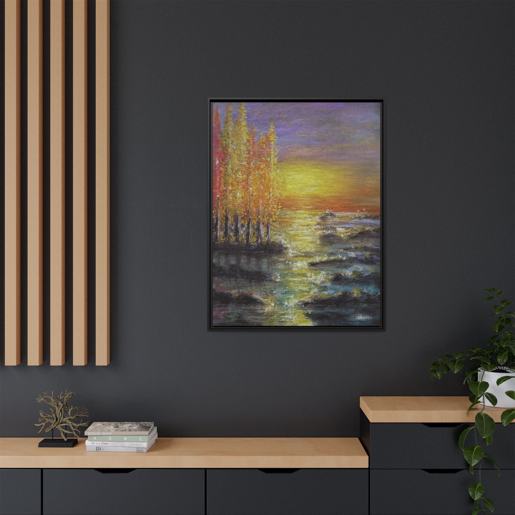 Tranquil Sunset Lake - Framed Matte Canvas Art Print