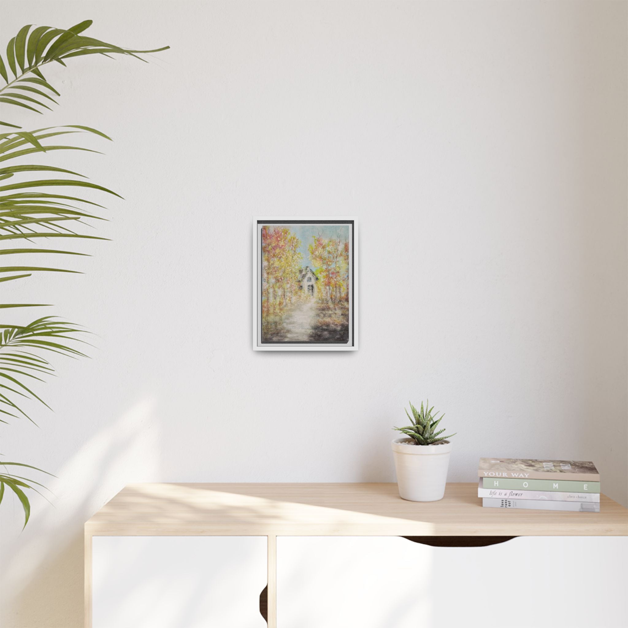 Framed Autumn Cottage Canvas Print — Rustic Fall Landscape Wall Art