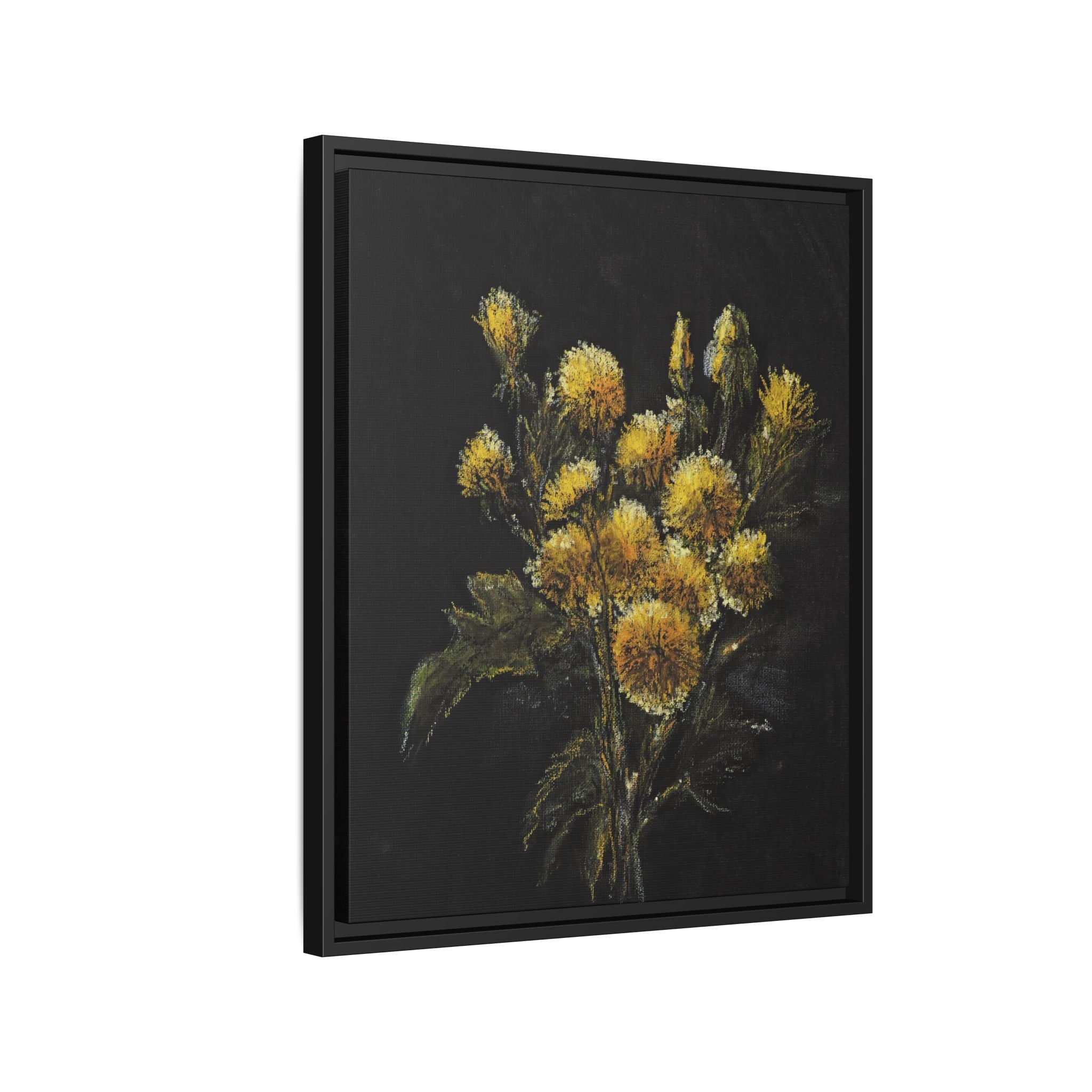 Framed Matte Canvas Print — Yellow Wildflower Bouquet on Black (Botanical Wall Art)