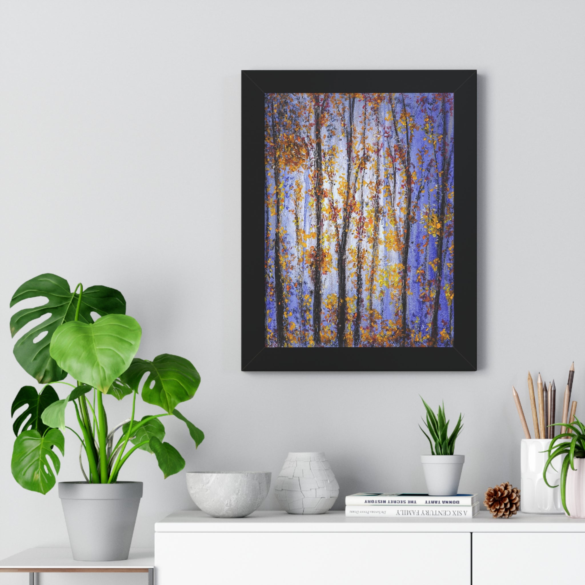 Autumn Birch Forest Framed Vertical Poster — Fall Trees Wall Art