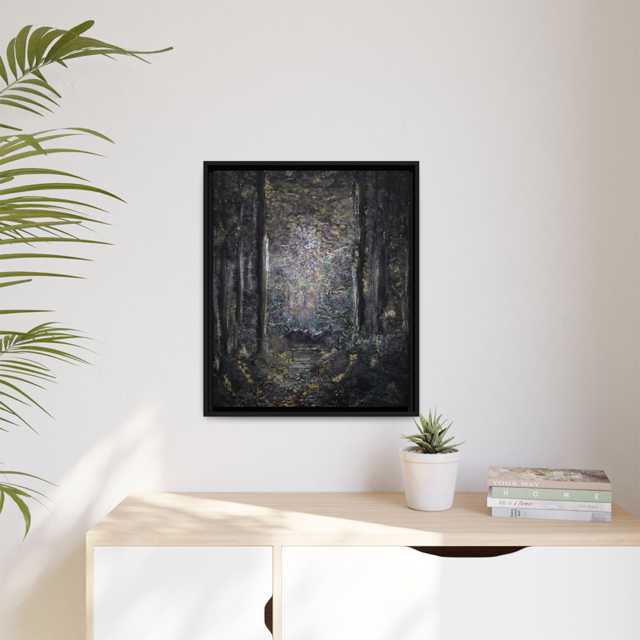 Framed Matte Canvas Forest Painting — Moody Woodland Wall Art