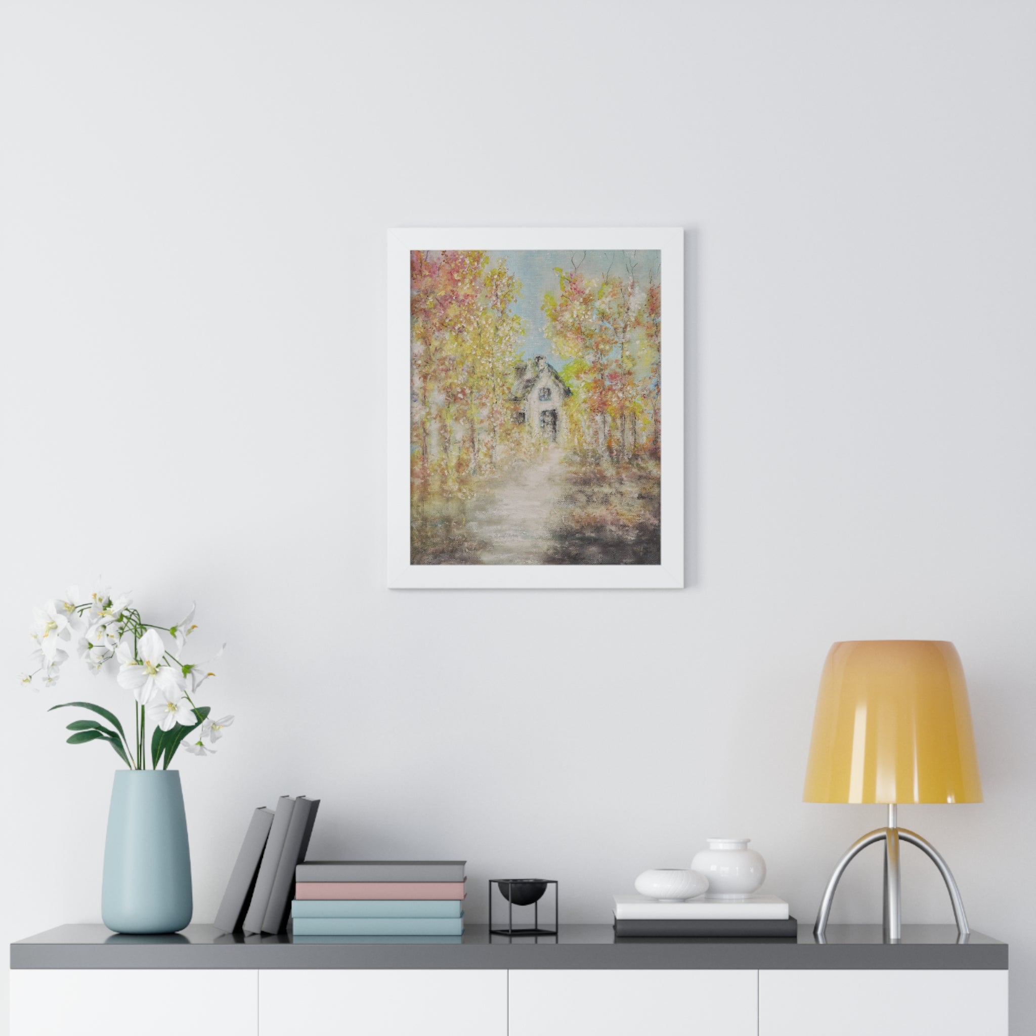 Autumn Cottage Framed Poster — Serene Woodland House Wall Art