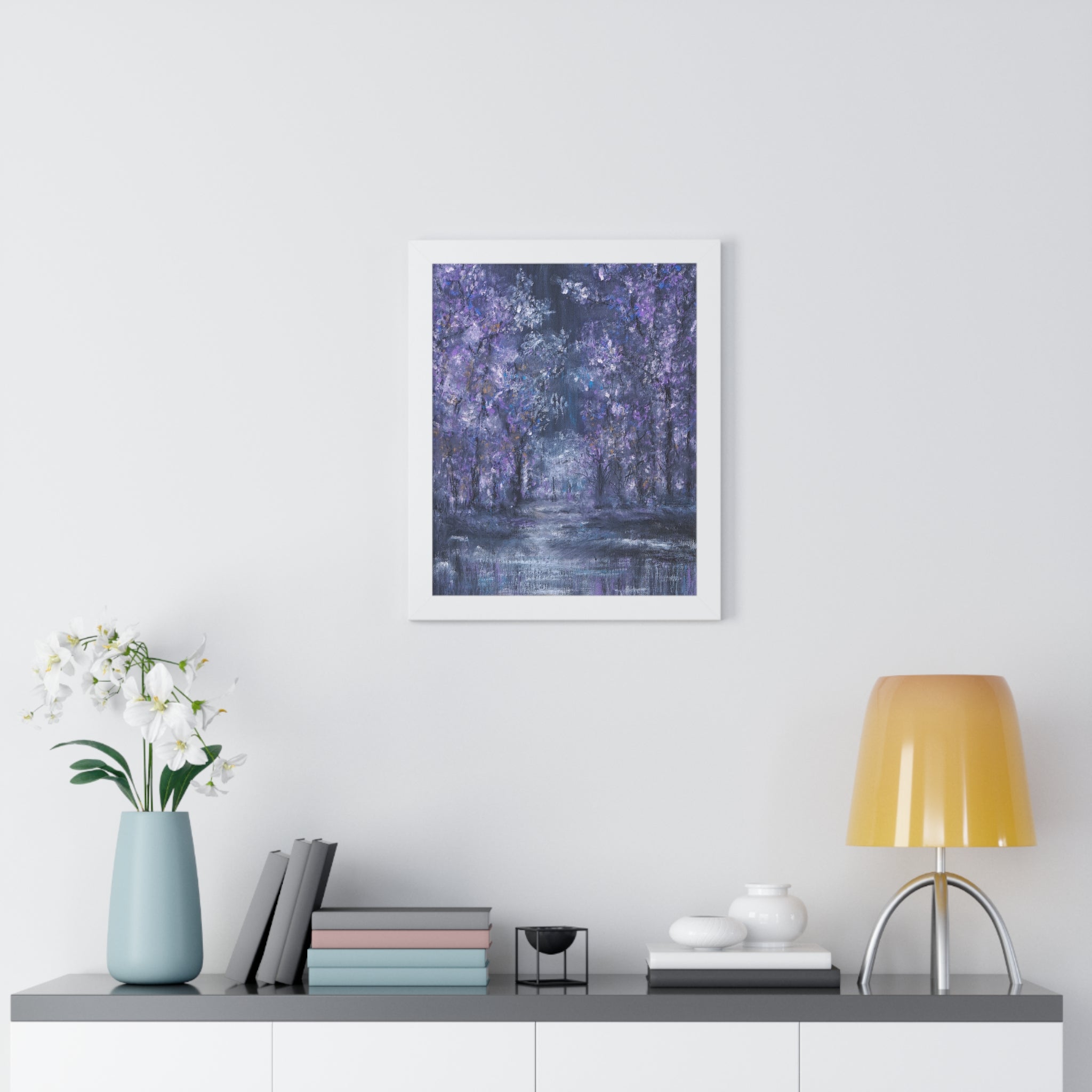 Purple Forest Path Framed Vertical Poster — Dreamy Floral Landscape Wall Art