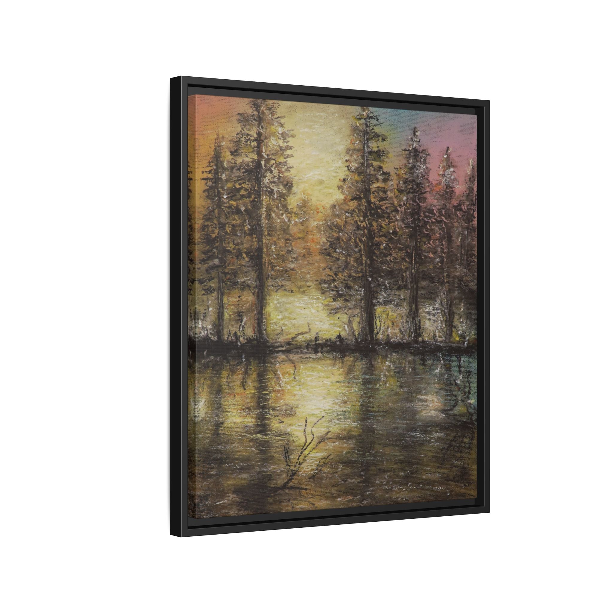 Framed Matte Canvas Wall Art — Sunset Forest Reflection