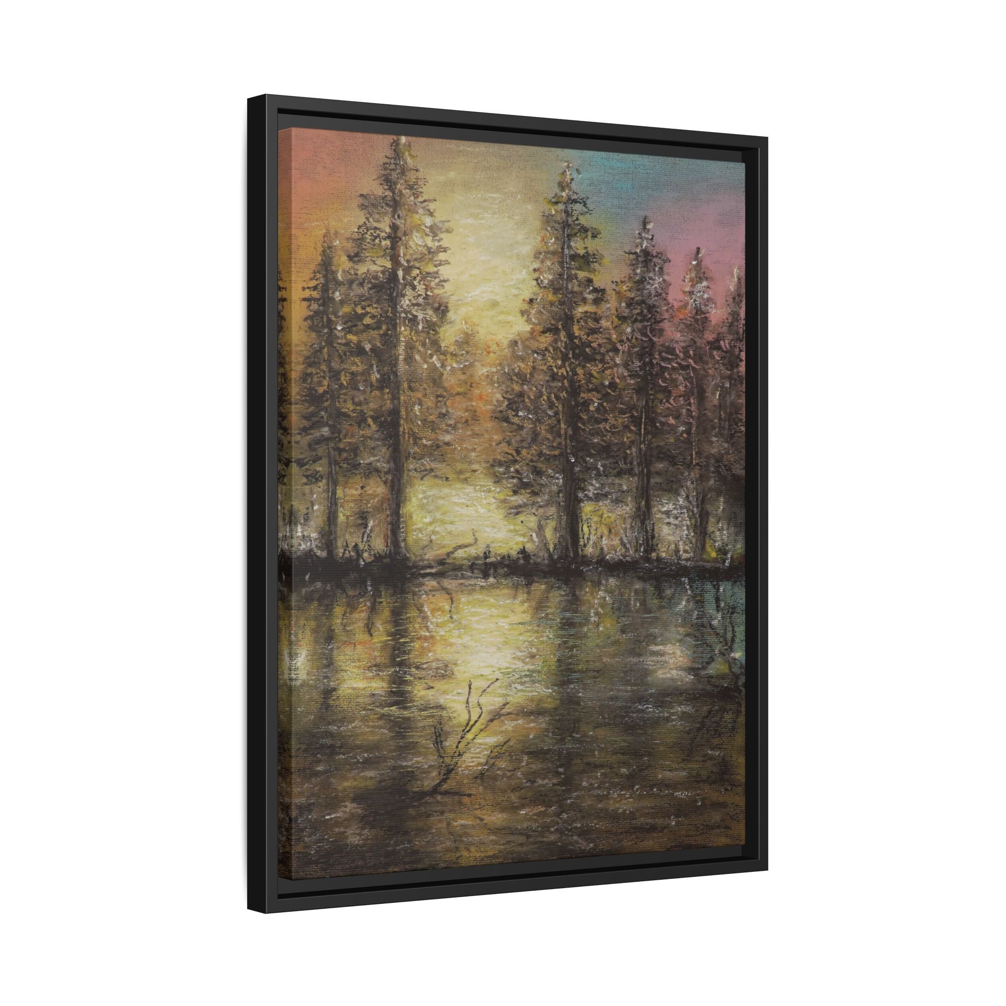 Framed Matte Canvas Wall Art — Sunset Forest Reflection
