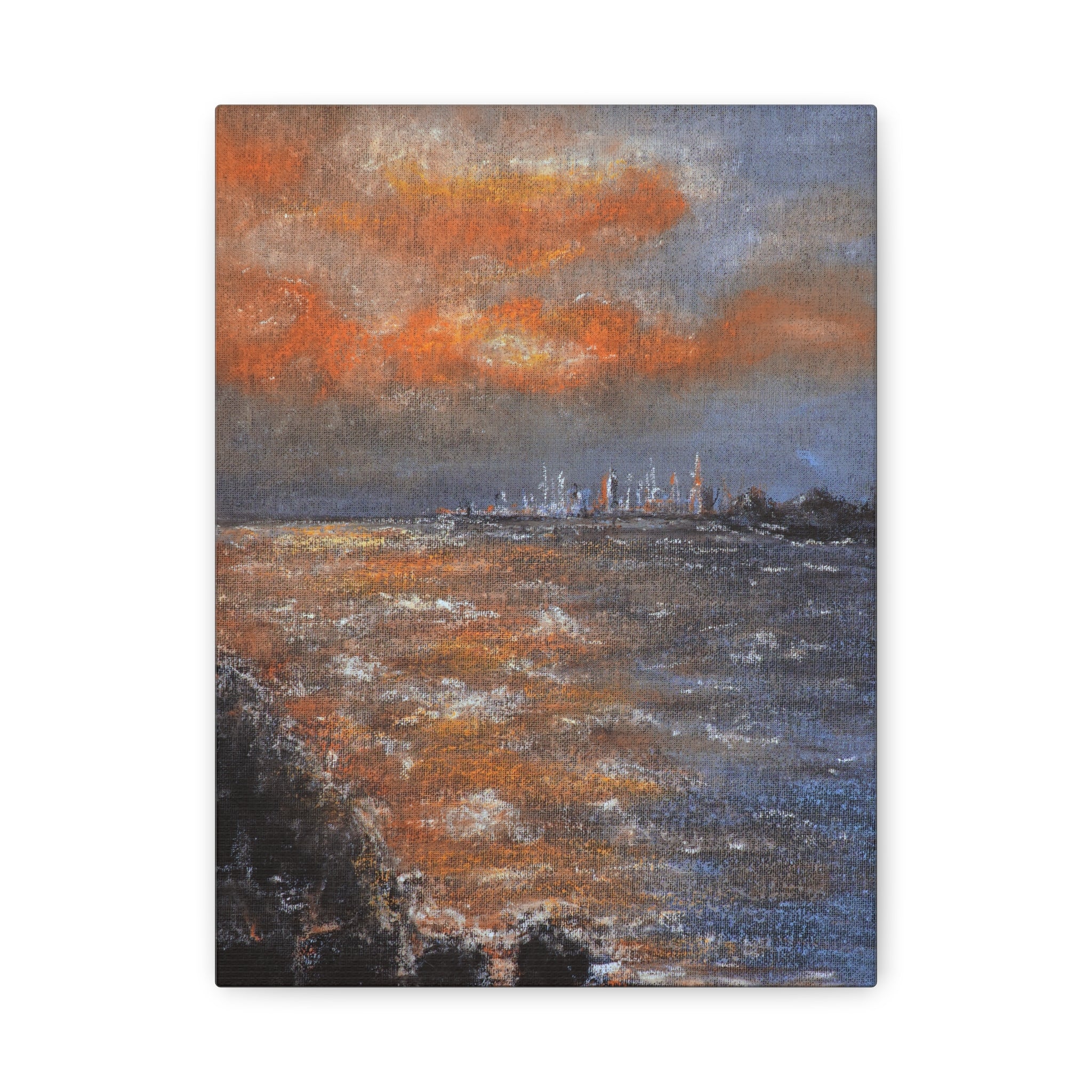 Canvas printed of a landscape with orange clouds and water