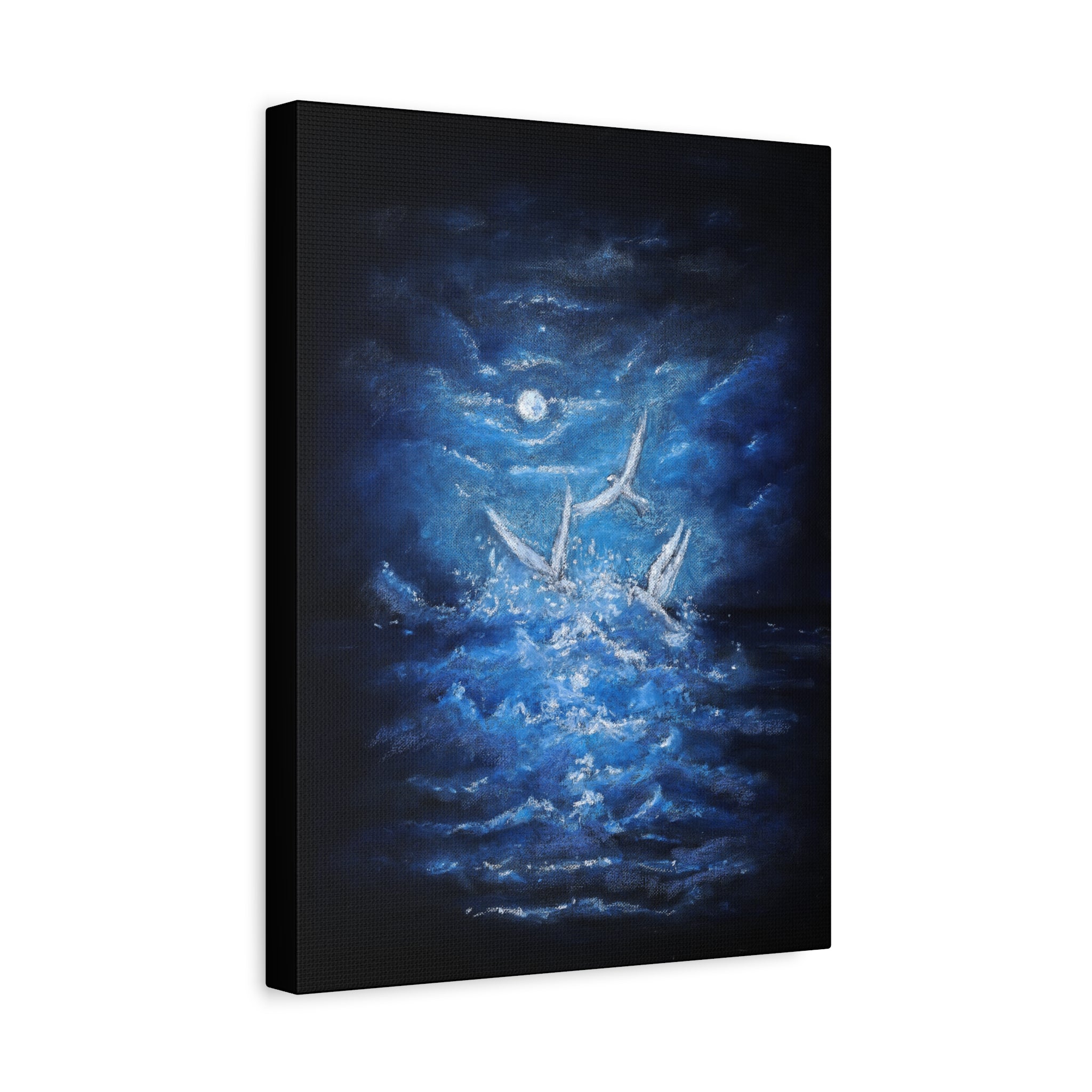 Moonlit White Birds Matte Stretched Canvas – Serene Ocean Wall Art