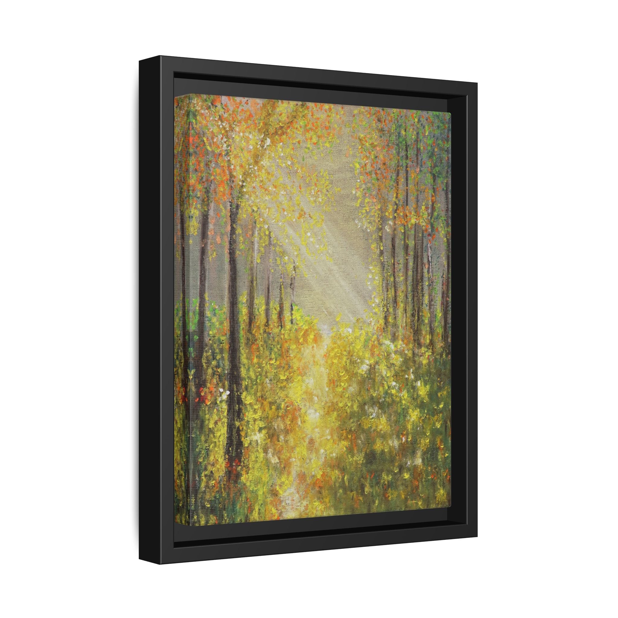 Sunlit Forest Path Framed Canvas Art — Autumn Woodland Wall Decor