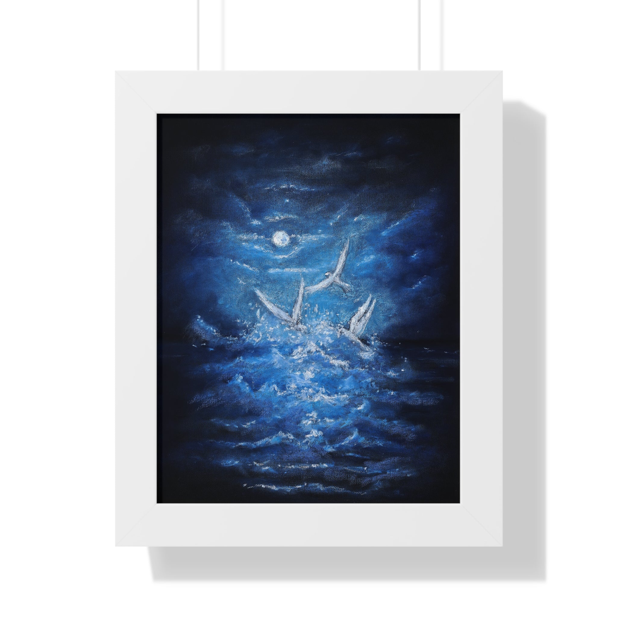 Framed Poster — Moonlit Sea with Flying Birds (Vertical)