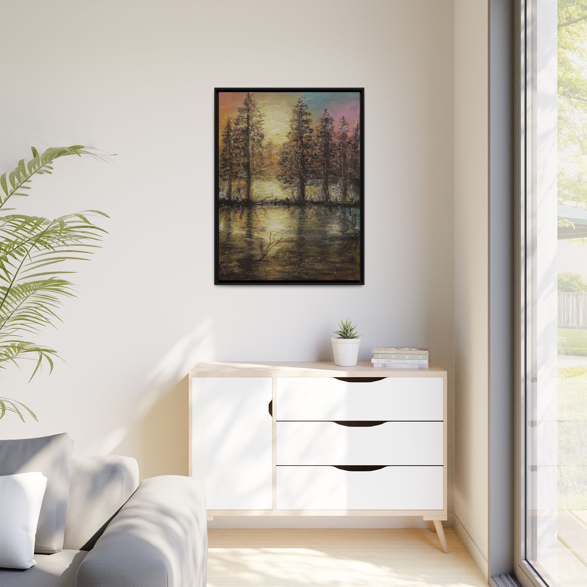 Framed Matte Canvas Wall Art — Sunset Forest Reflection