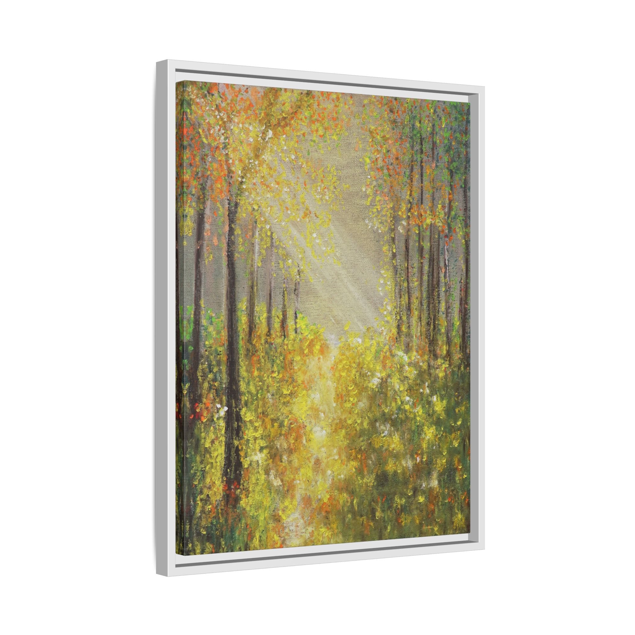 Sunlit Forest Path Framed Canvas Art — Autumn Woodland Wall Decor