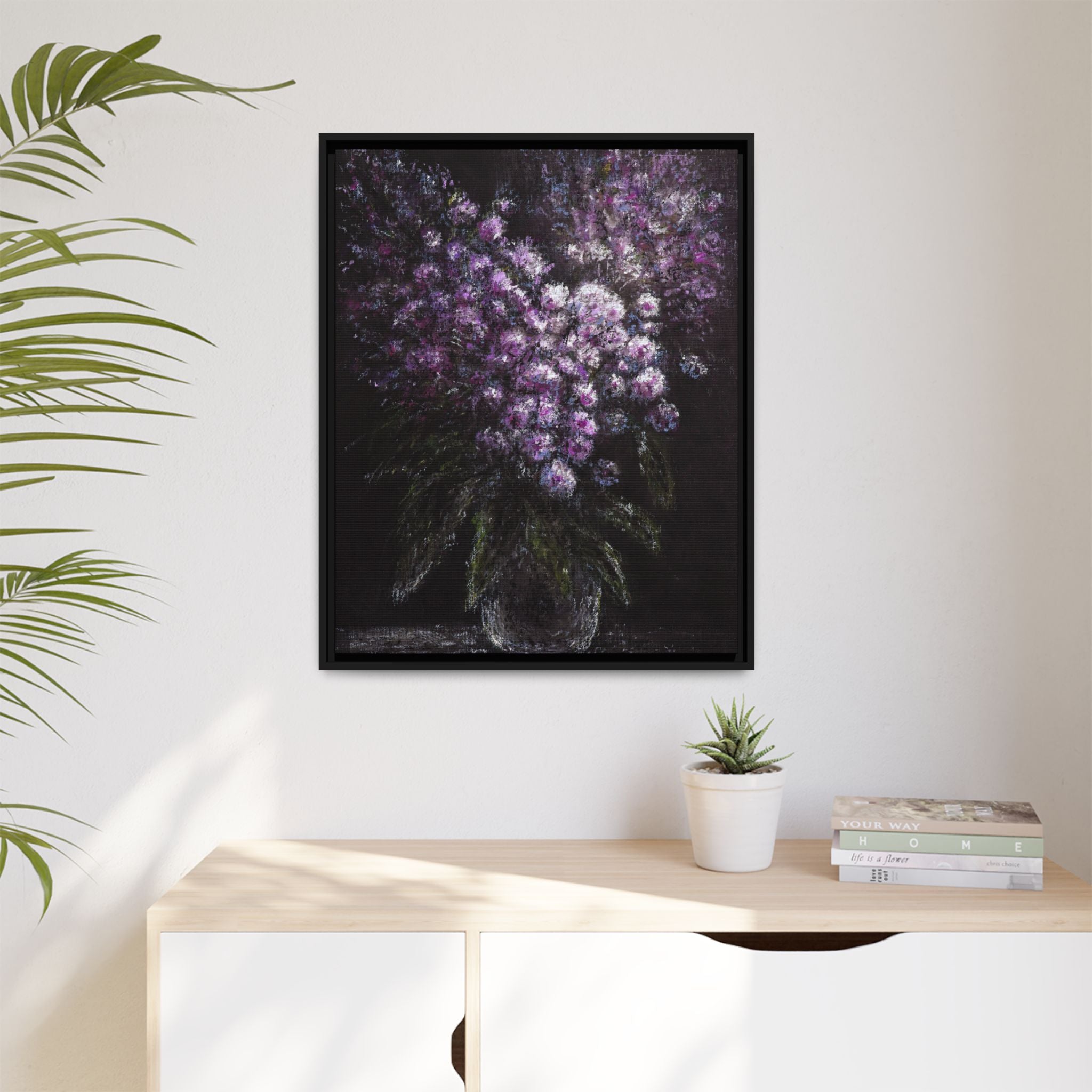 Framed Matte Canvas: Moody Purple Floral Bouquet Wall Art