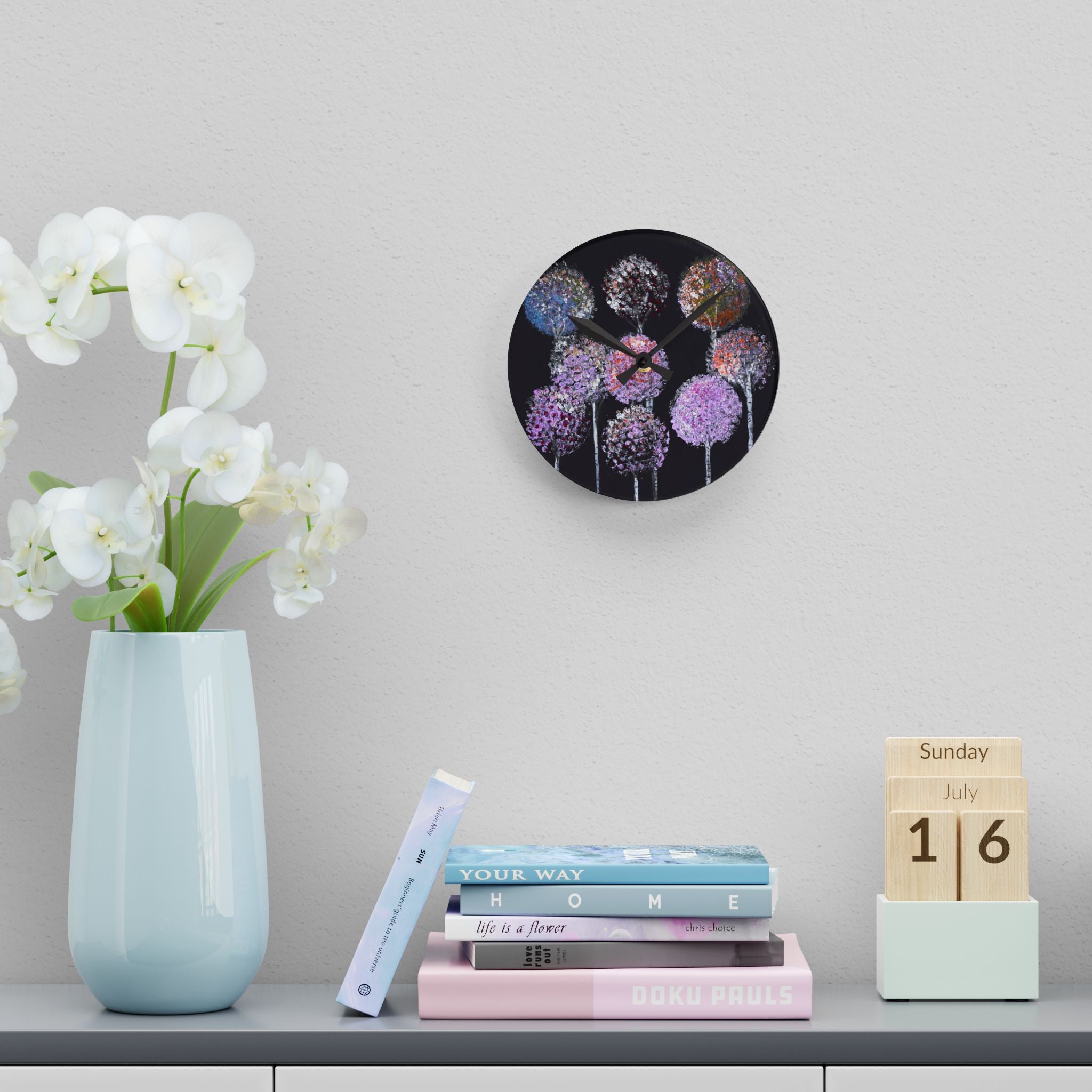 Acrylic Wall Clock — Pastel Allium Floral Design on Black